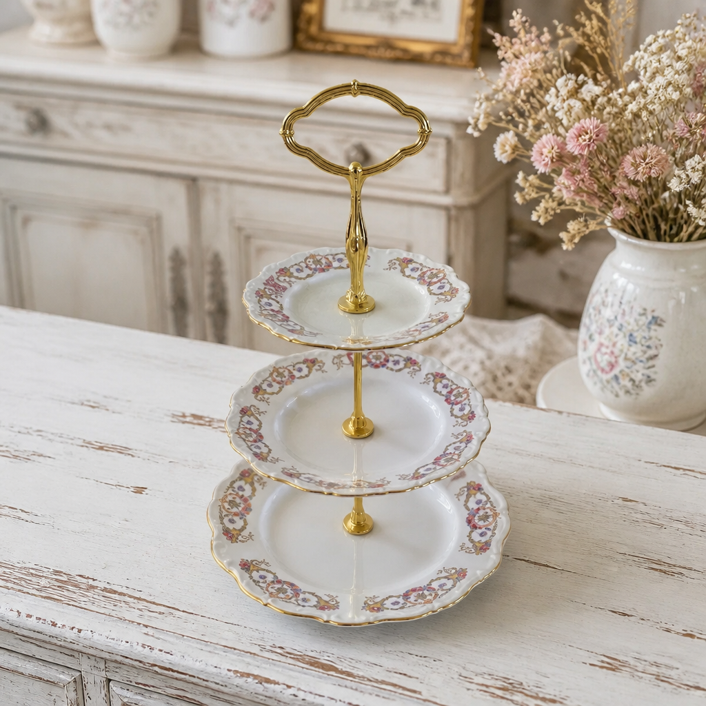 Vintage Porcelain 3-Tier Cake Stand – Seltmann Weiden Bavaria, Floral Gold Rim, 40 cm, Excellent Condition - WhisperTreasuresCo