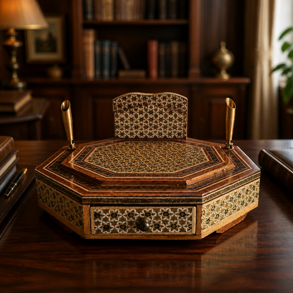 Antique Persian Khatam Marquetry Desk Box – Octagonal Inlay Writing Set with Pen Holders & Drawer, 21 cm - WhisperTreasuresCo