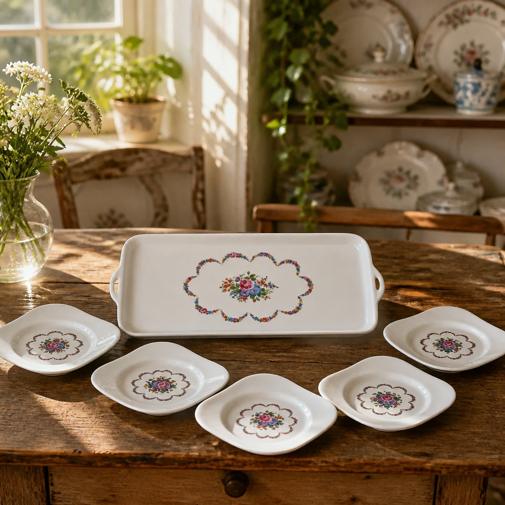 Vintage Porcelain Dessert Set – Tirschenreuth 1838 Germany, 6 Plates & Serving Tray, Floral Motif - WhisperTreasuresCo
