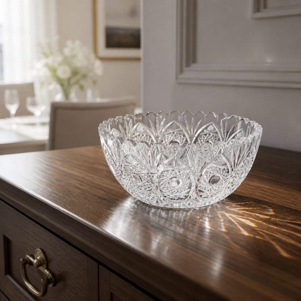 Vintage Bohemia cut crystal bowl – lifestyle hero image on dark wood sideboard