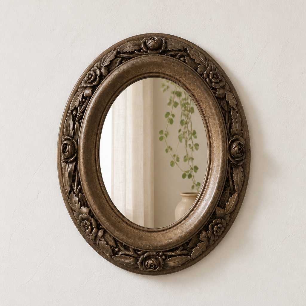 Vintage oval wall mirror with hand-carved wooden rose frame – lifestyle view