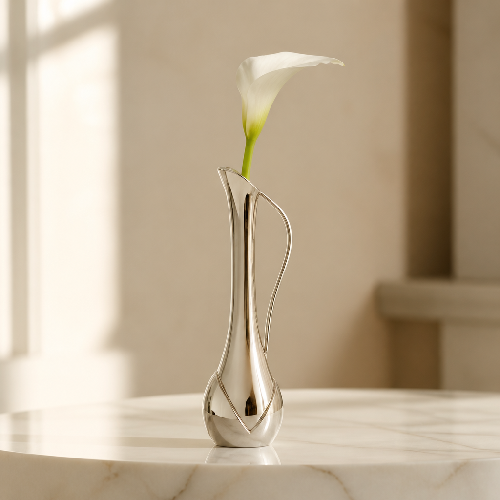Elegant silver vintage vase holding a single white calla lily on a marble tabletop.