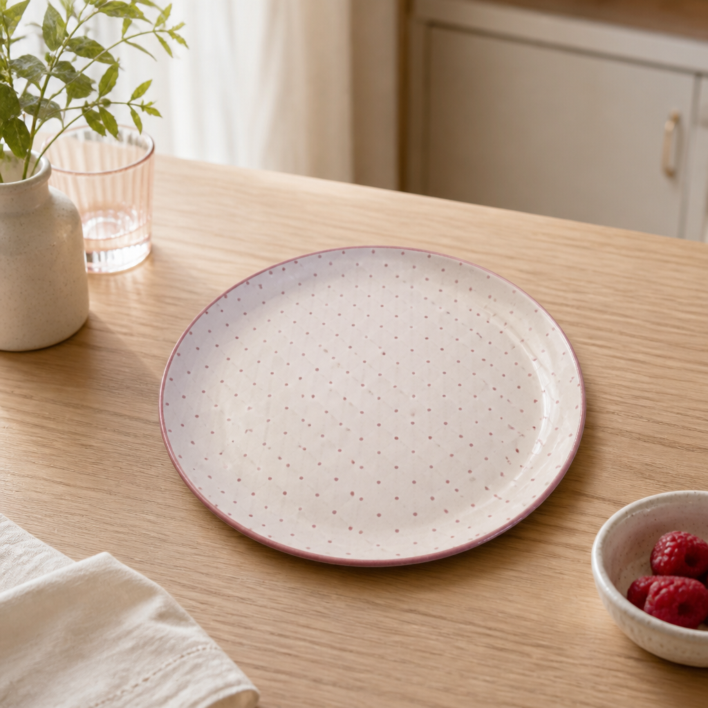 Vintage white porcelain plate with pink polka dots and trim on a wooden table