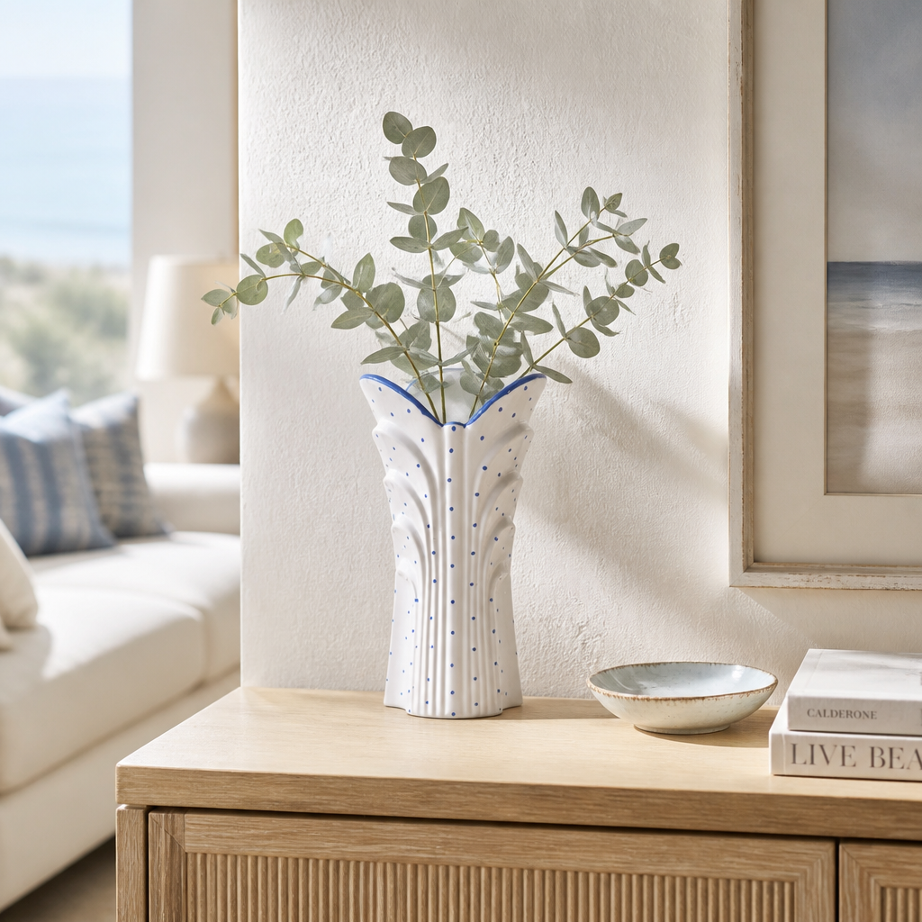 Vintage Gmunden Keramik Tupfen vase with eucalyptus – lifestyle hero image on console table