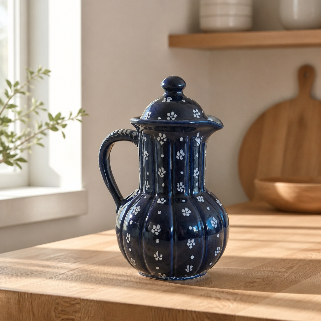 Vintage dark blue porcelain pitcher with white floral pattern on a wooden table
