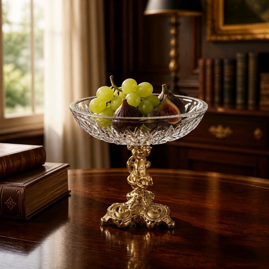Vintage Cut Glass Compote Bowl with Ornate Figural Brass Stand: A Touch of Timeless Elegance