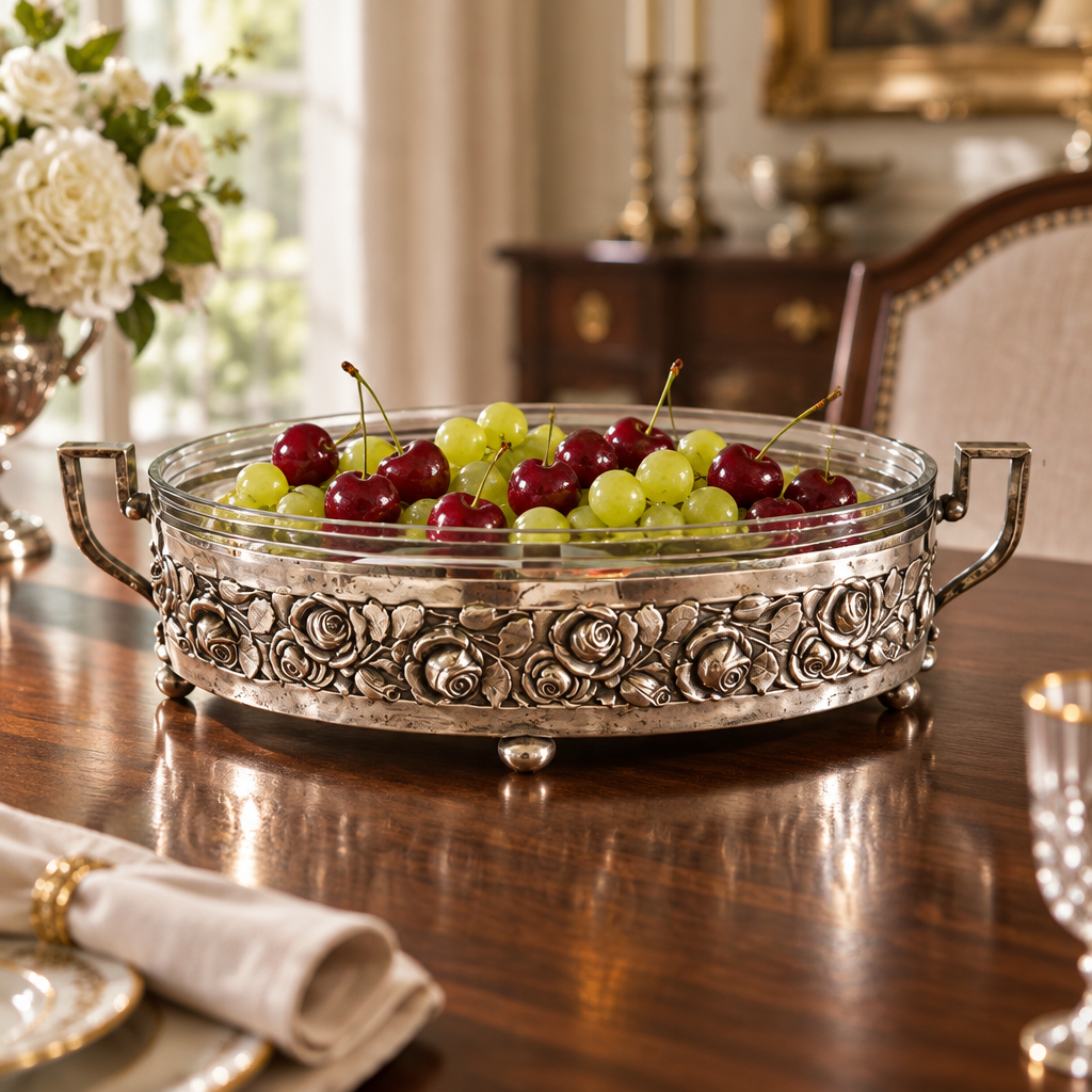 Vintage Silver-Plated Oval Serving Dish with Glass Insert & Rose Decoration