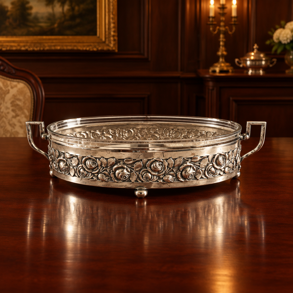 Vintage Silver-Plated Oval Serving Dish with Glass Insert & Rose Decoration