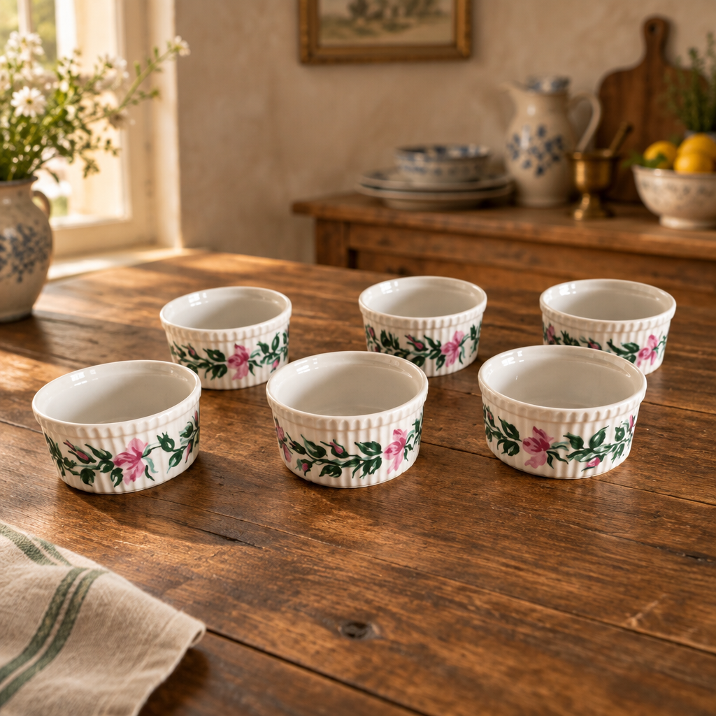 Vintage Porcelaine de Paris Rose Ramekins – Set of 6 French Porcelain Bowls