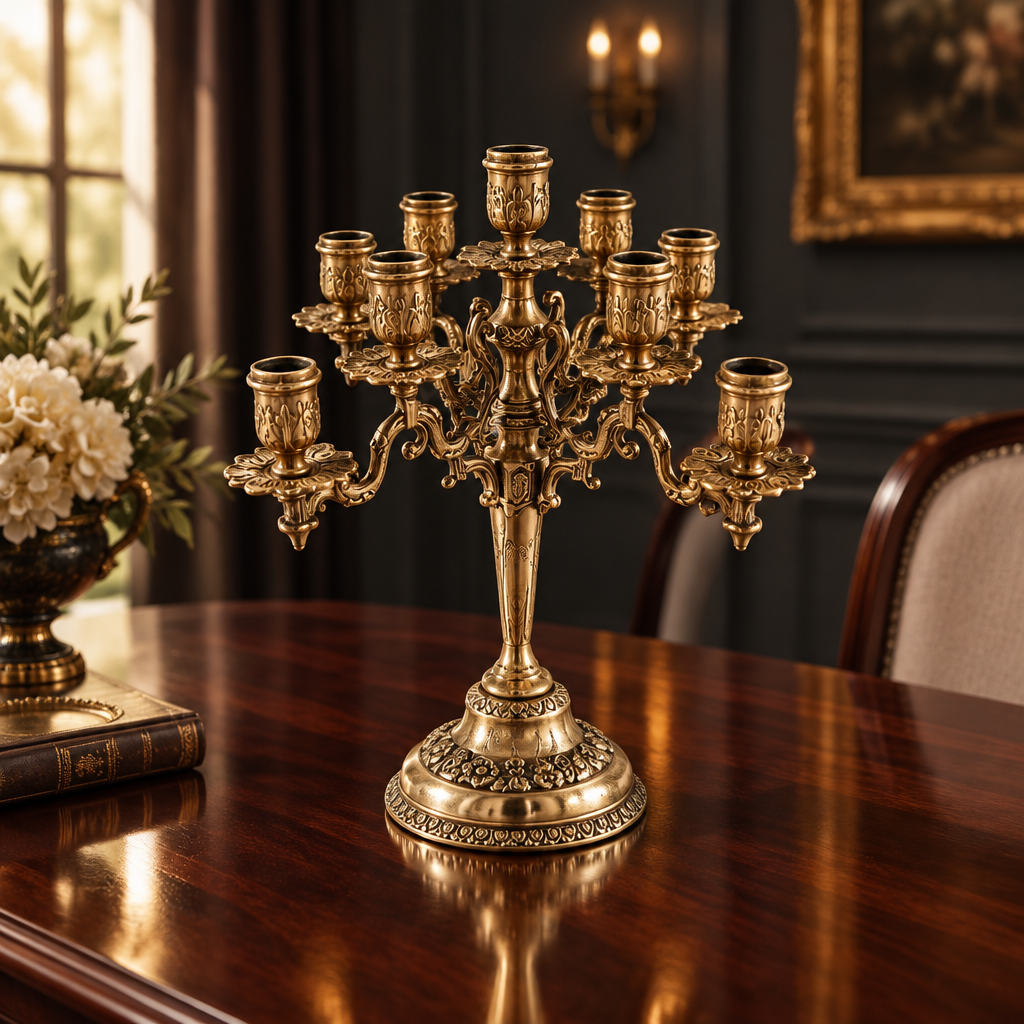 Vintage Brass 9-Arm Candelabra, Ornate Rococo-Style Candle Holder