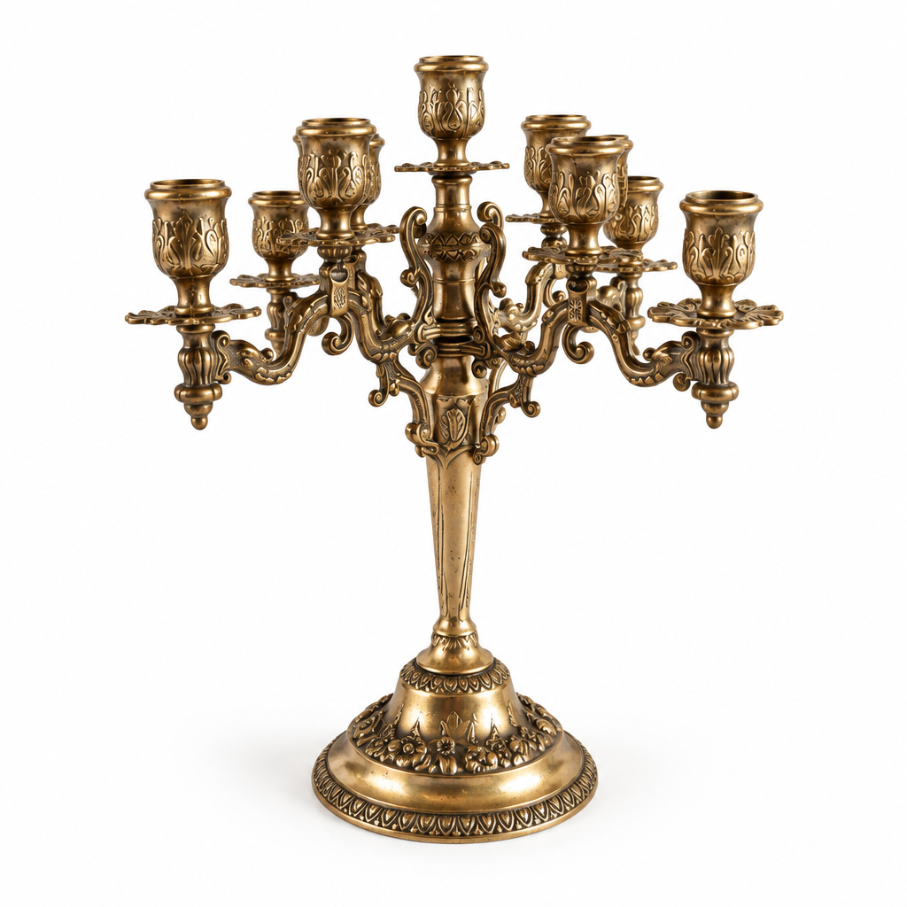 Vintage Brass 9-Arm Candelabra, Ornate Rococo-Style Candle Holder
