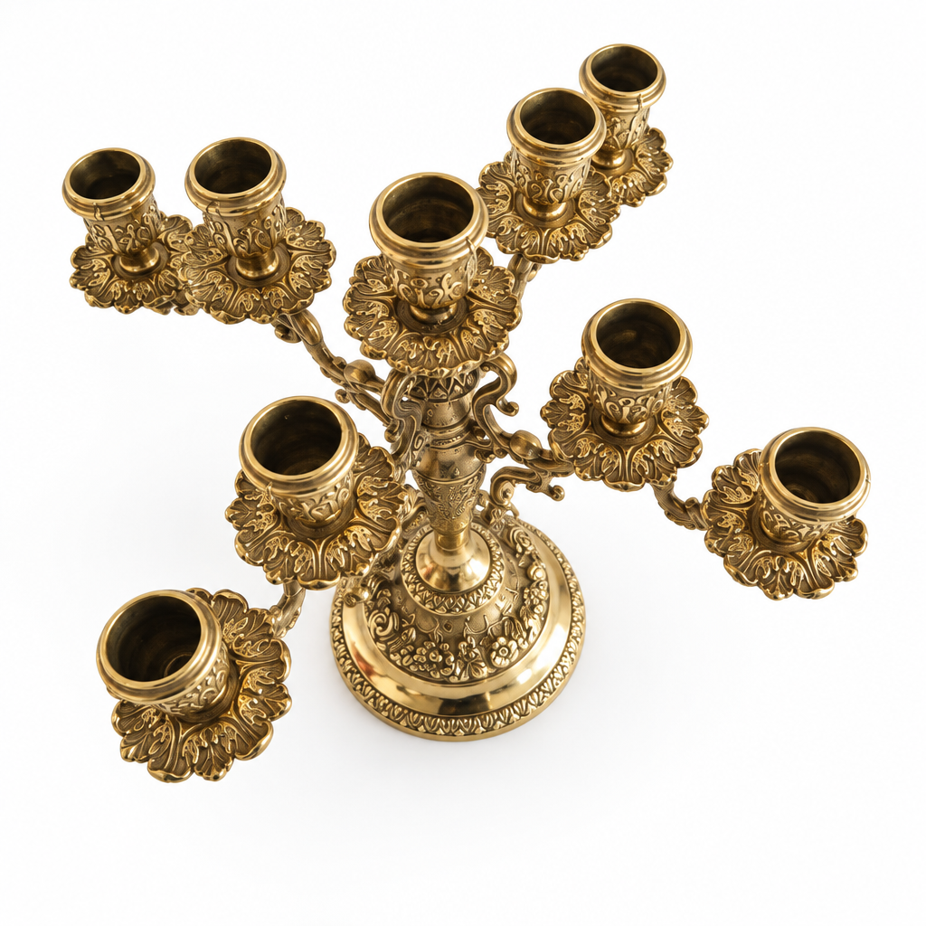 Vintage Brass 9-Arm Candelabra, Ornate Rococo-Style Candle Holder