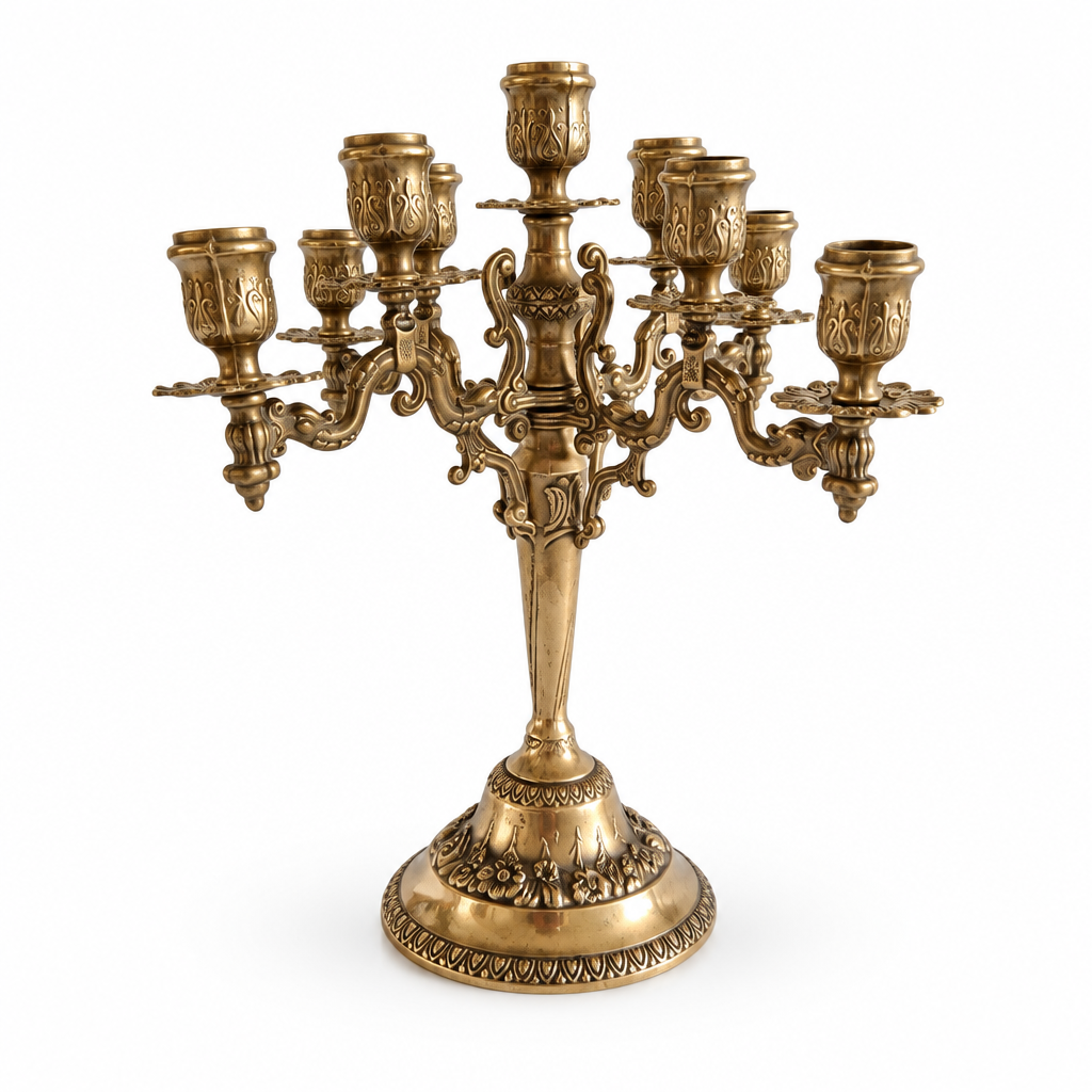 Vintage Brass 9-Arm Candelabra, Ornate Rococo-Style Candle Holder