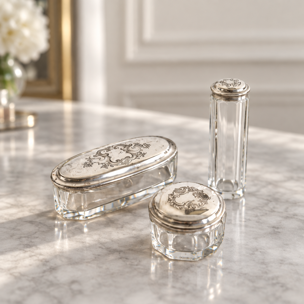 Vintage Vanity Set, ca. 1900, 3-Piece Glass Set with Silver-Plated Lid Exteriors
