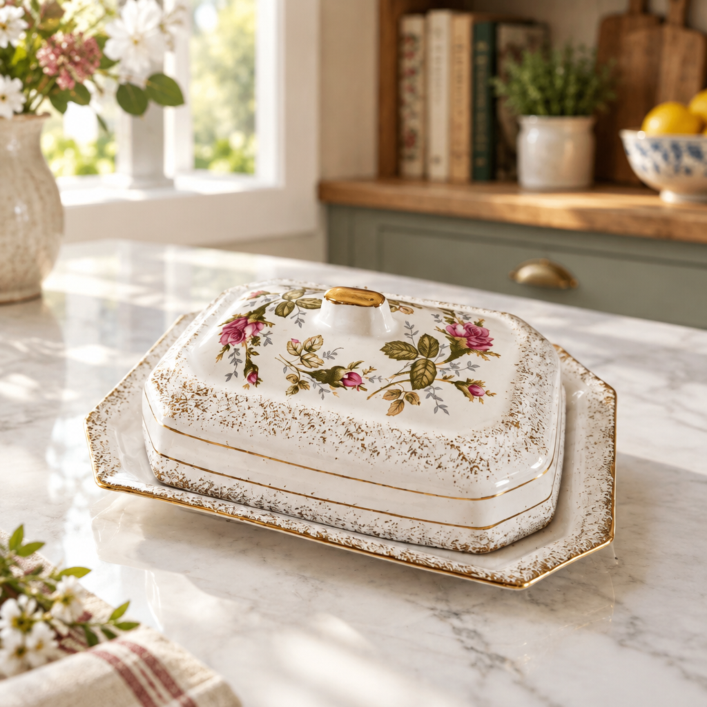 Vintage Chodzież Rose Butter Dish with Lid & Gold Trim