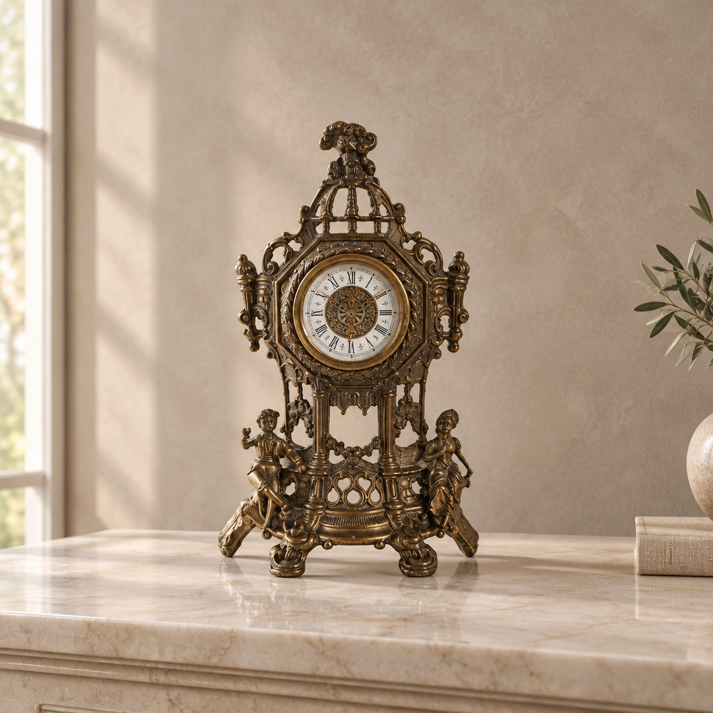 Vintage Brass Figural Mantel Clock, Ornate Rococo Style