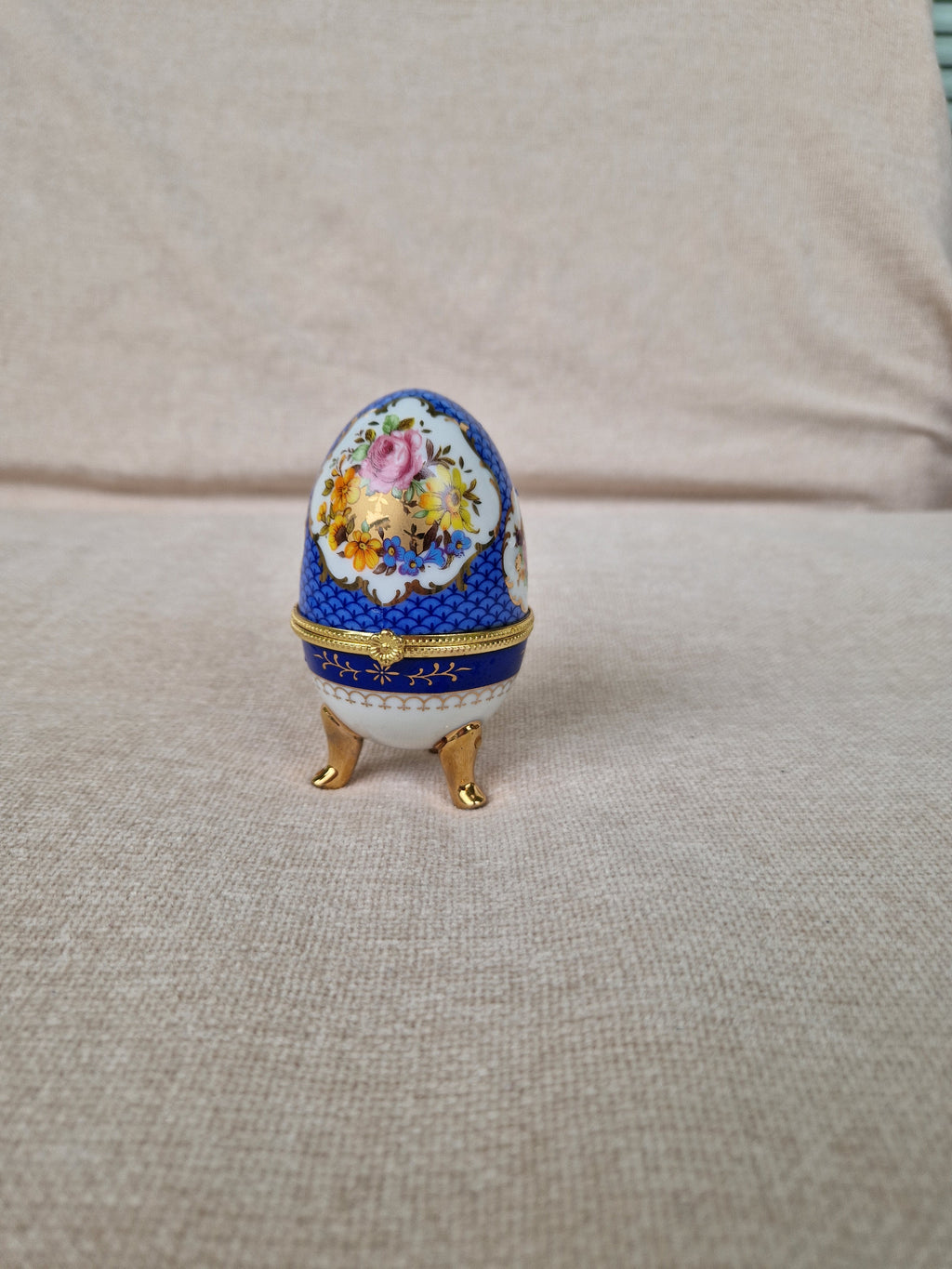 Vintage Porcelain Egg Trinket Box | Cobalt Blue Scale Pattern & Rose Bouquet | Gold Filigree Frame | Hand Made
