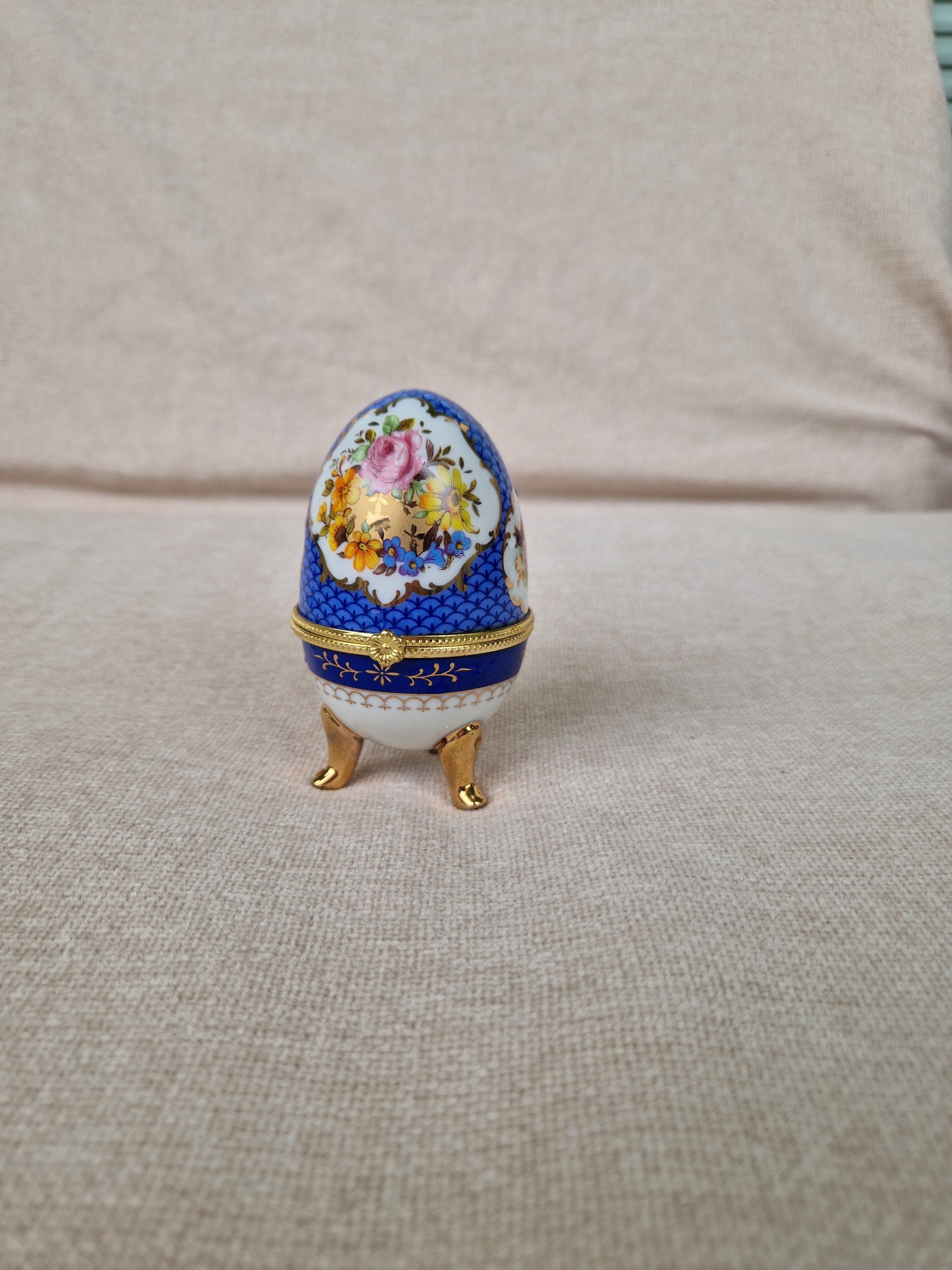 Vintage Porcelain Egg Trinket Box | Cobalt Blue Scale Pattern & Rose Bouquet | Gold Filigree Frame | Hand Made
