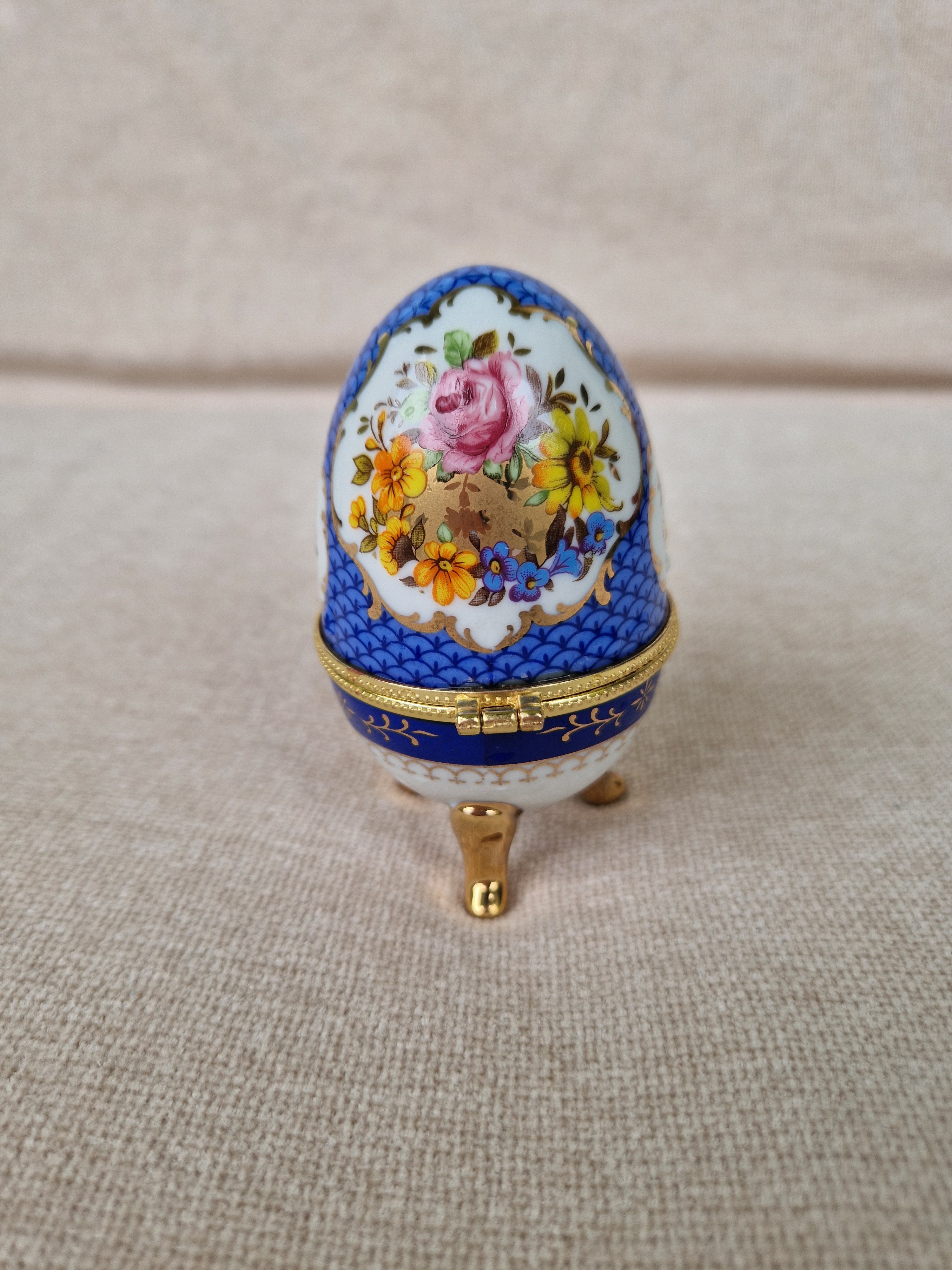 Vintage Porcelain Egg Trinket Box | Cobalt Blue Scale Pattern & Rose Bouquet | Gold Filigree Frame | Hand Made