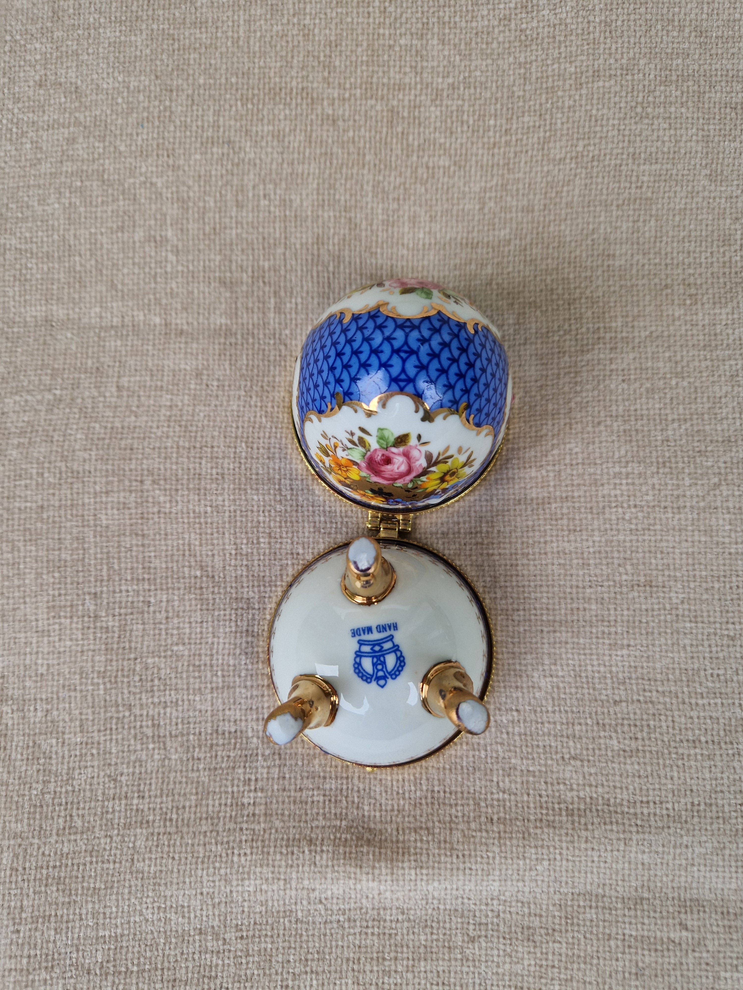 Vintage Porcelain Egg Trinket Box | Cobalt Blue Scale Pattern & Rose Bouquet | Gold Filigree Frame | Hand Made