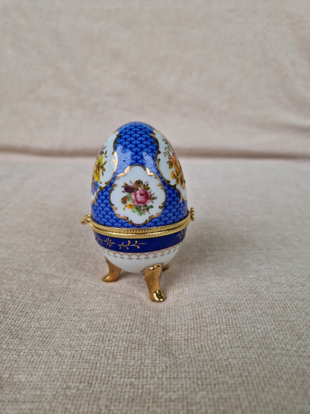 Vintage Porcelain Egg Trinket Box | Cobalt Blue Scale Pattern & Rose Bouquet | Gold Filigree Frame | Hand Made