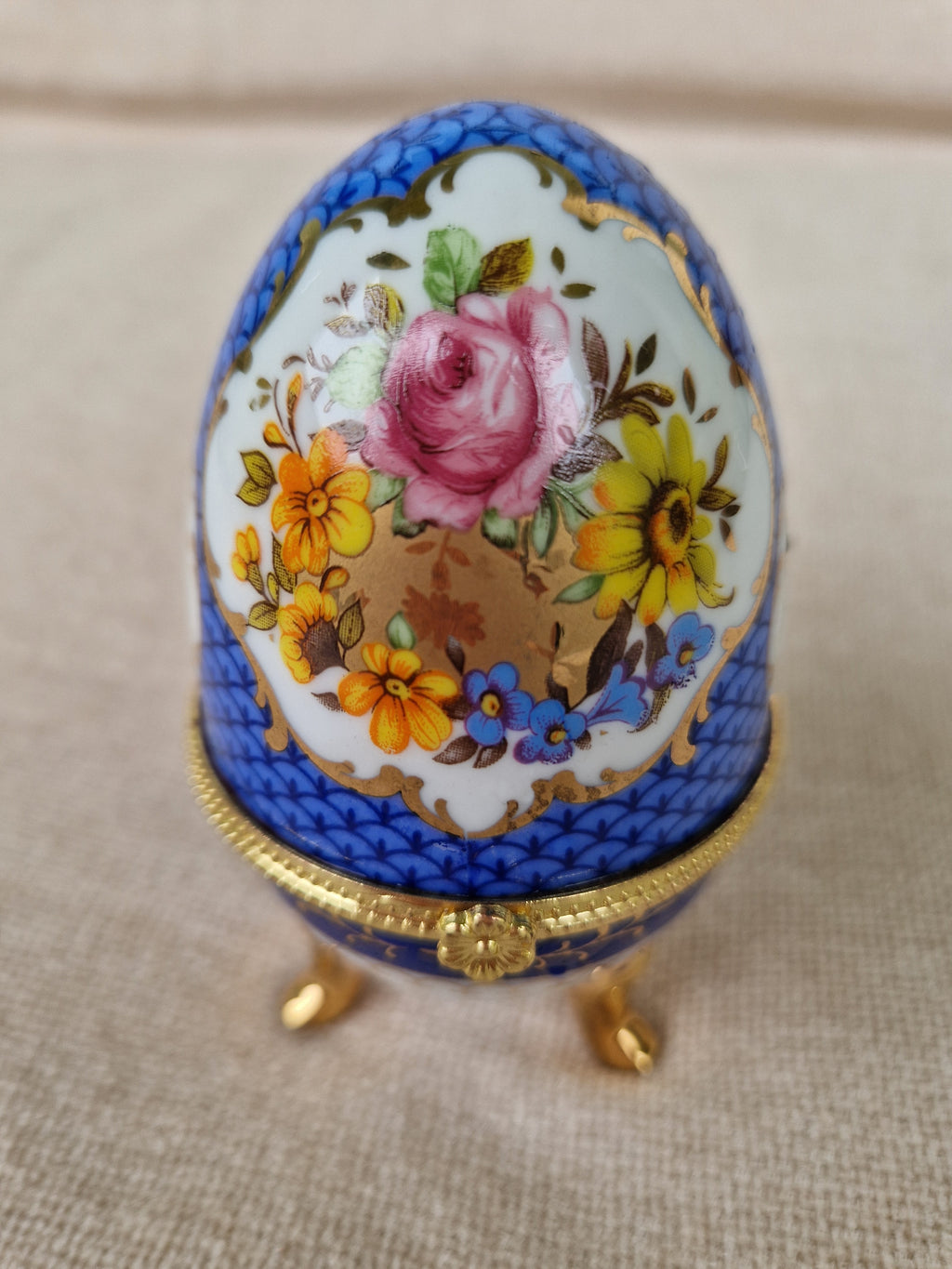 Vintage Porcelain Egg Trinket Box | Cobalt Blue Scale Pattern & Rose Bouquet | Gold Filigree Frame | Hand Made