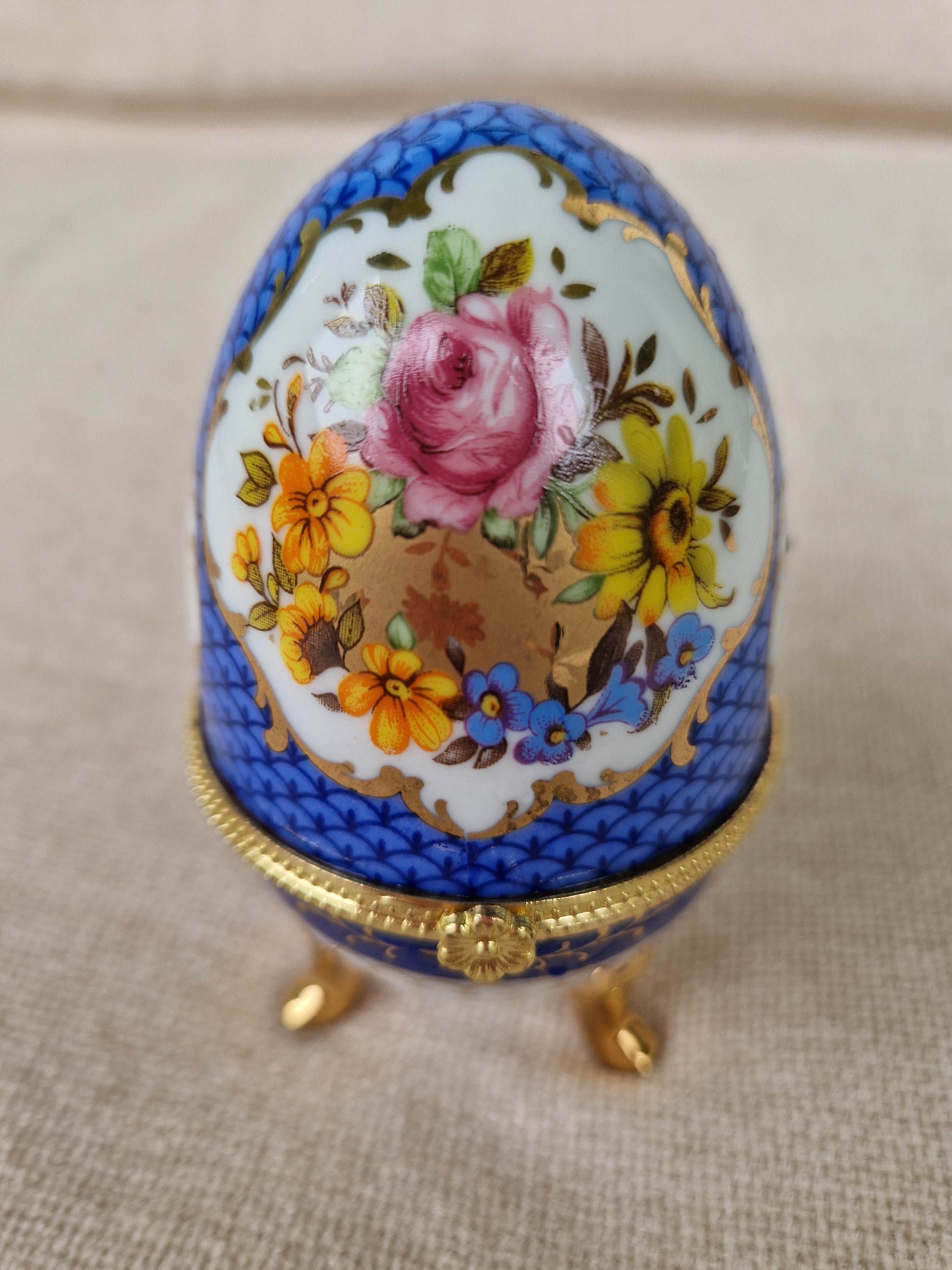 Vintage Porcelain Egg Trinket Box | Cobalt Blue Scale Pattern & Rose Bouquet | Gold Filigree Frame | Hand Made