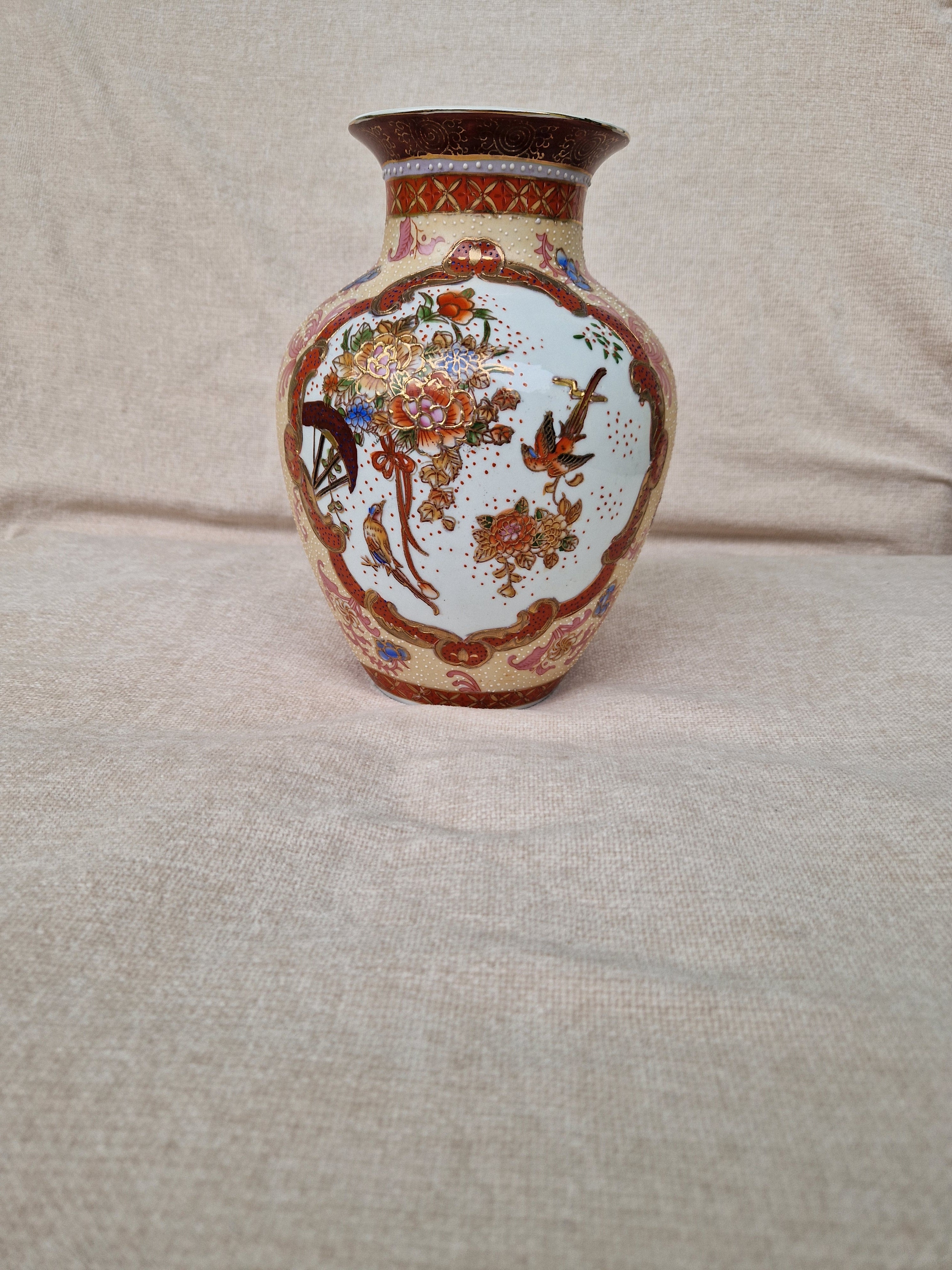 Vintage Chinese Export Porcelain Vase | Satsuma-Style Floral & Bird Panels | Gold Cartouche | Made in China