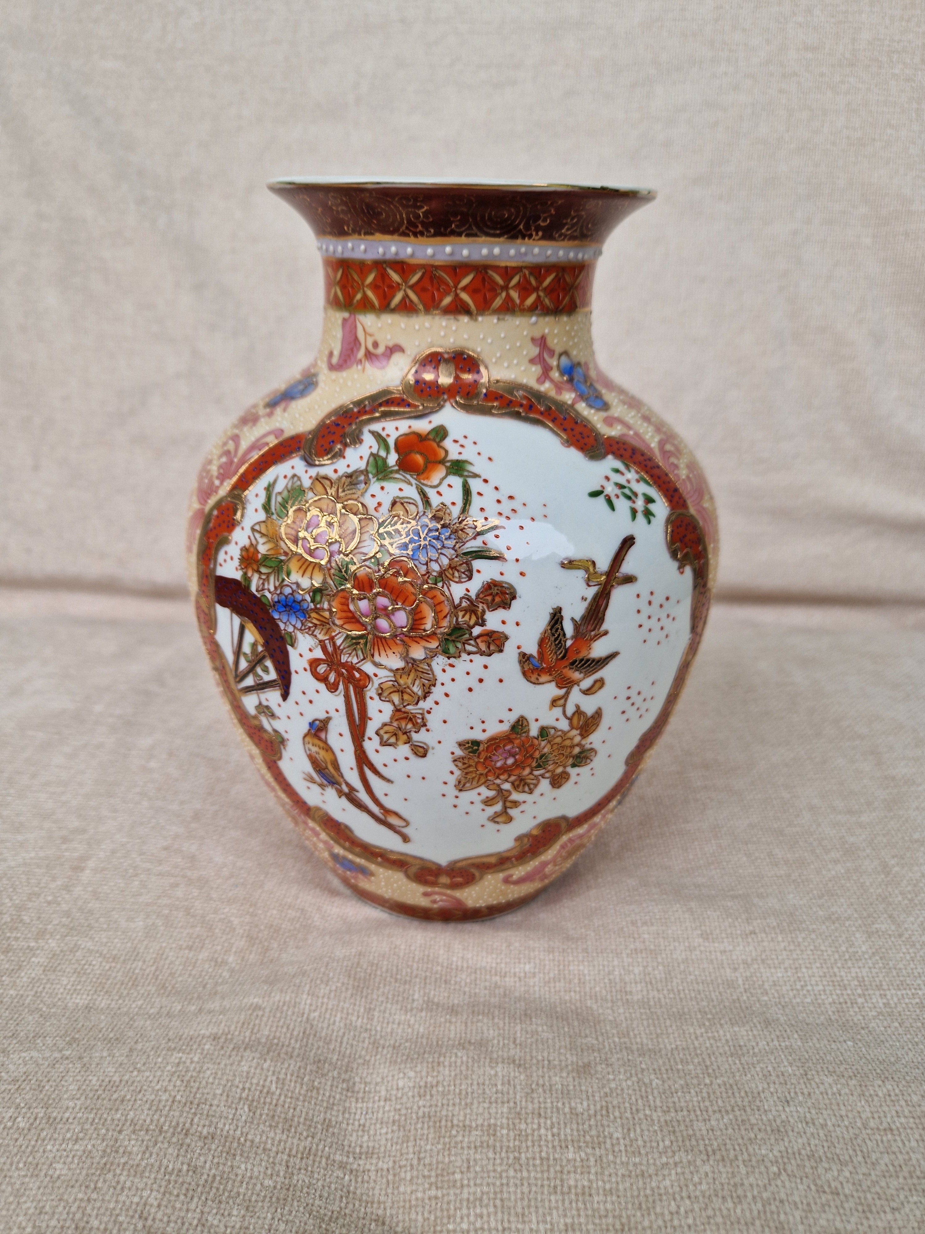 Vintage Chinese Export Porcelain Vase | Satsuma-Style Floral & Bird Panels | Gold Cartouche | Made in China