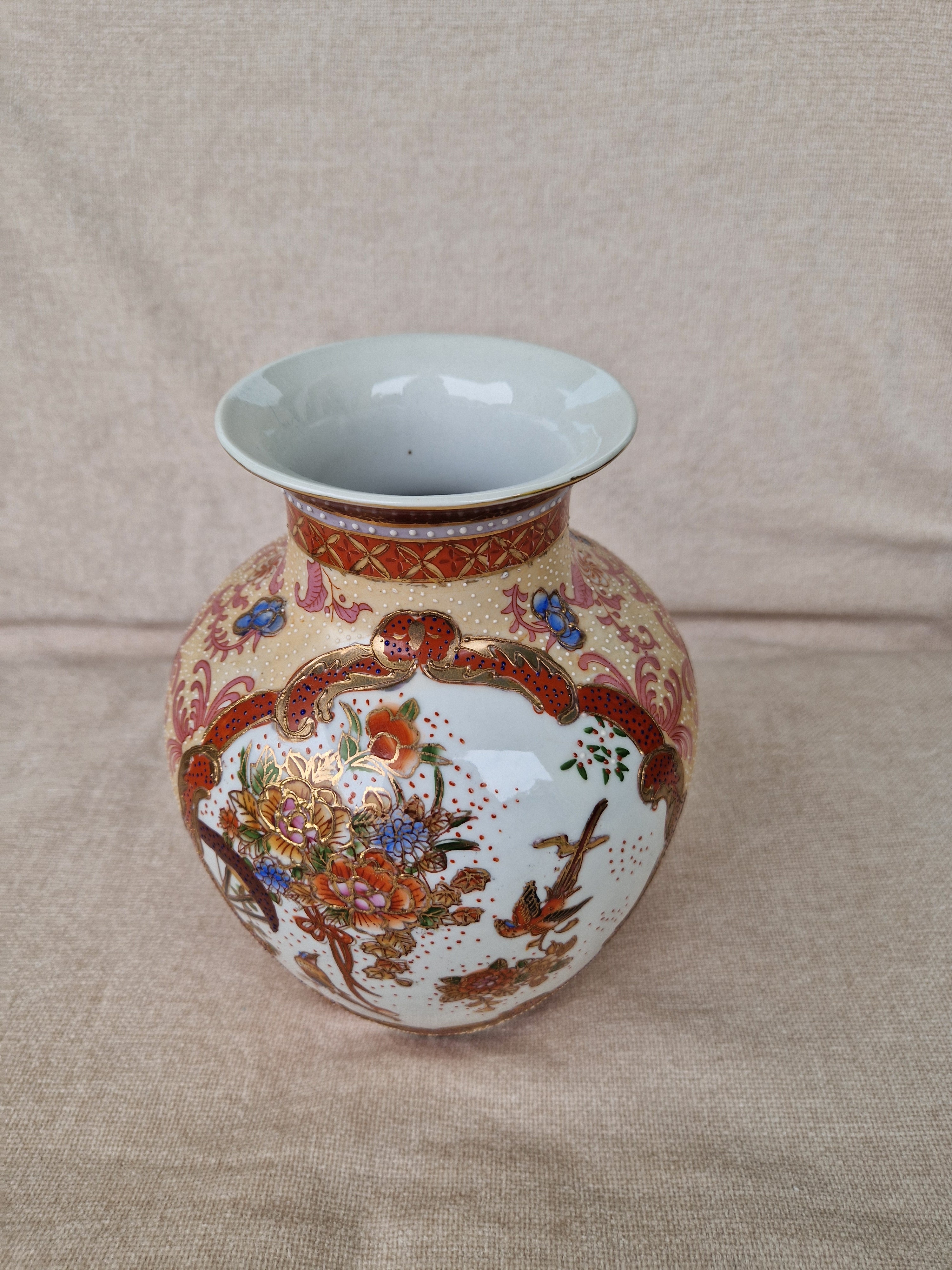Vintage Chinese Export Porcelain Vase | Satsuma-Style Floral & Bird Panels | Gold Cartouche | Made in China