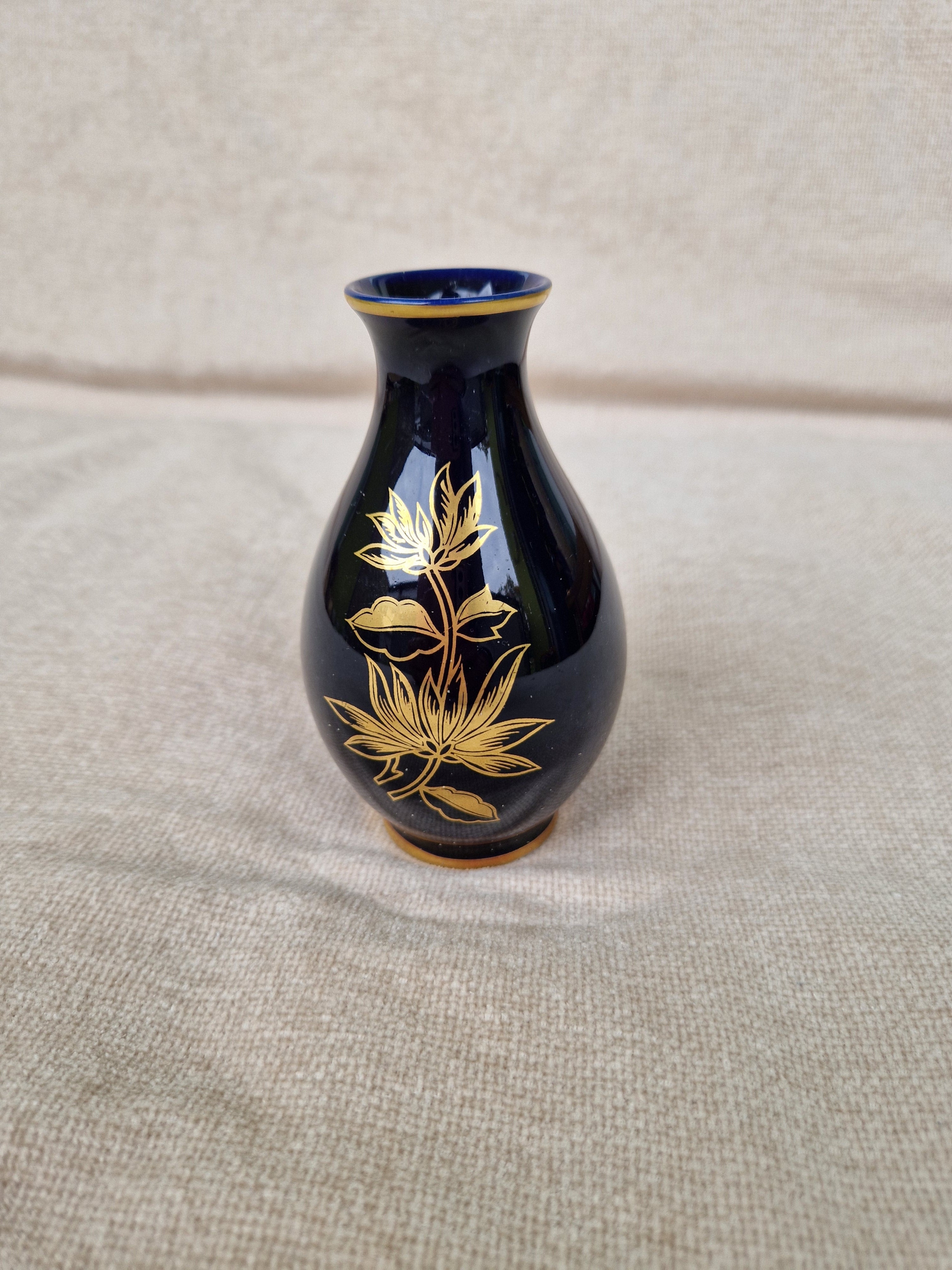 Hollóháza Hungary Cobalt Blue Porcelain Vase | Gold Lotus Decoration | Est. 1851