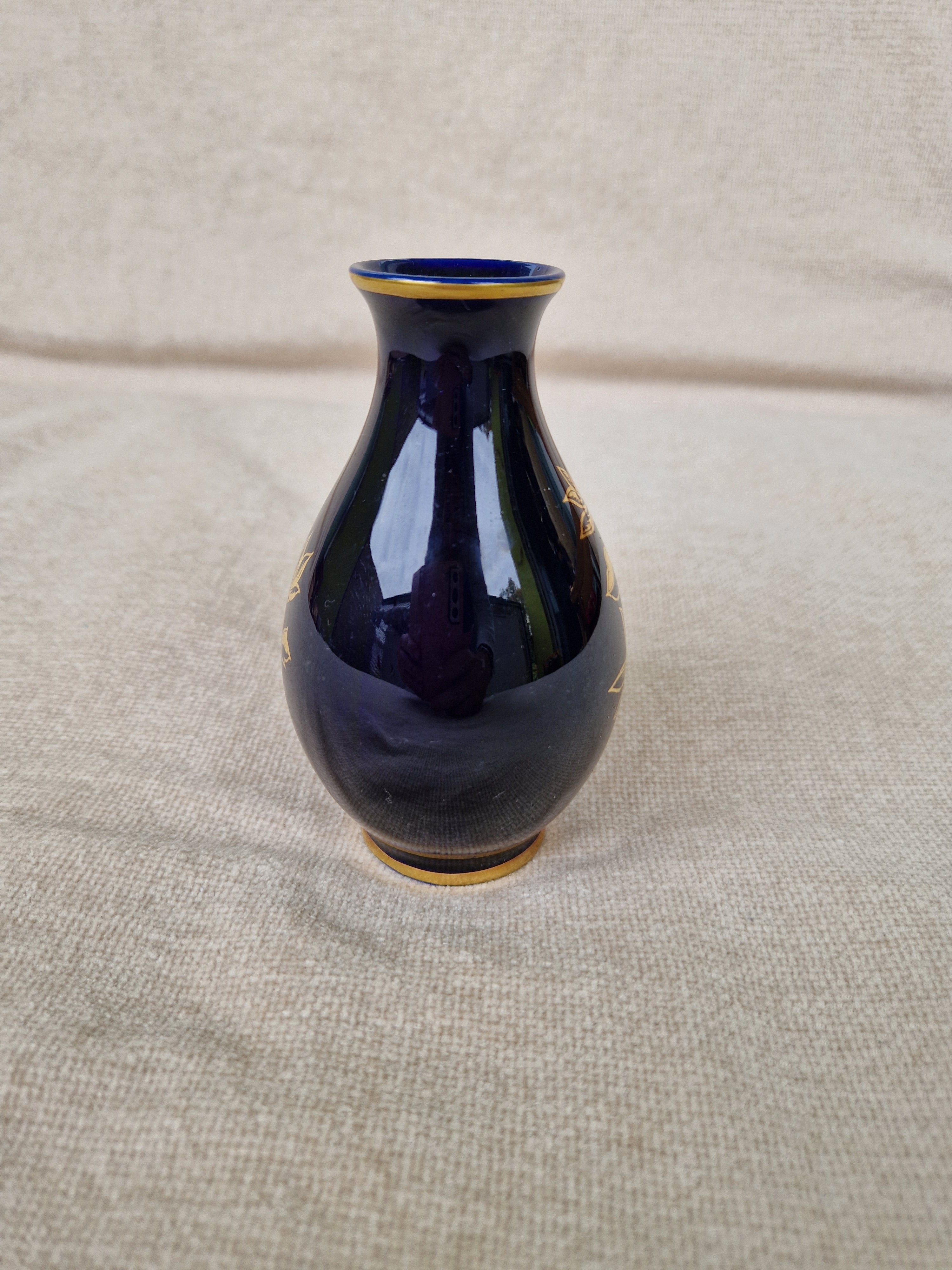 Hollóháza Hungary Cobalt Blue Porcelain Vase | Gold Lotus Decoration | Est. 1851