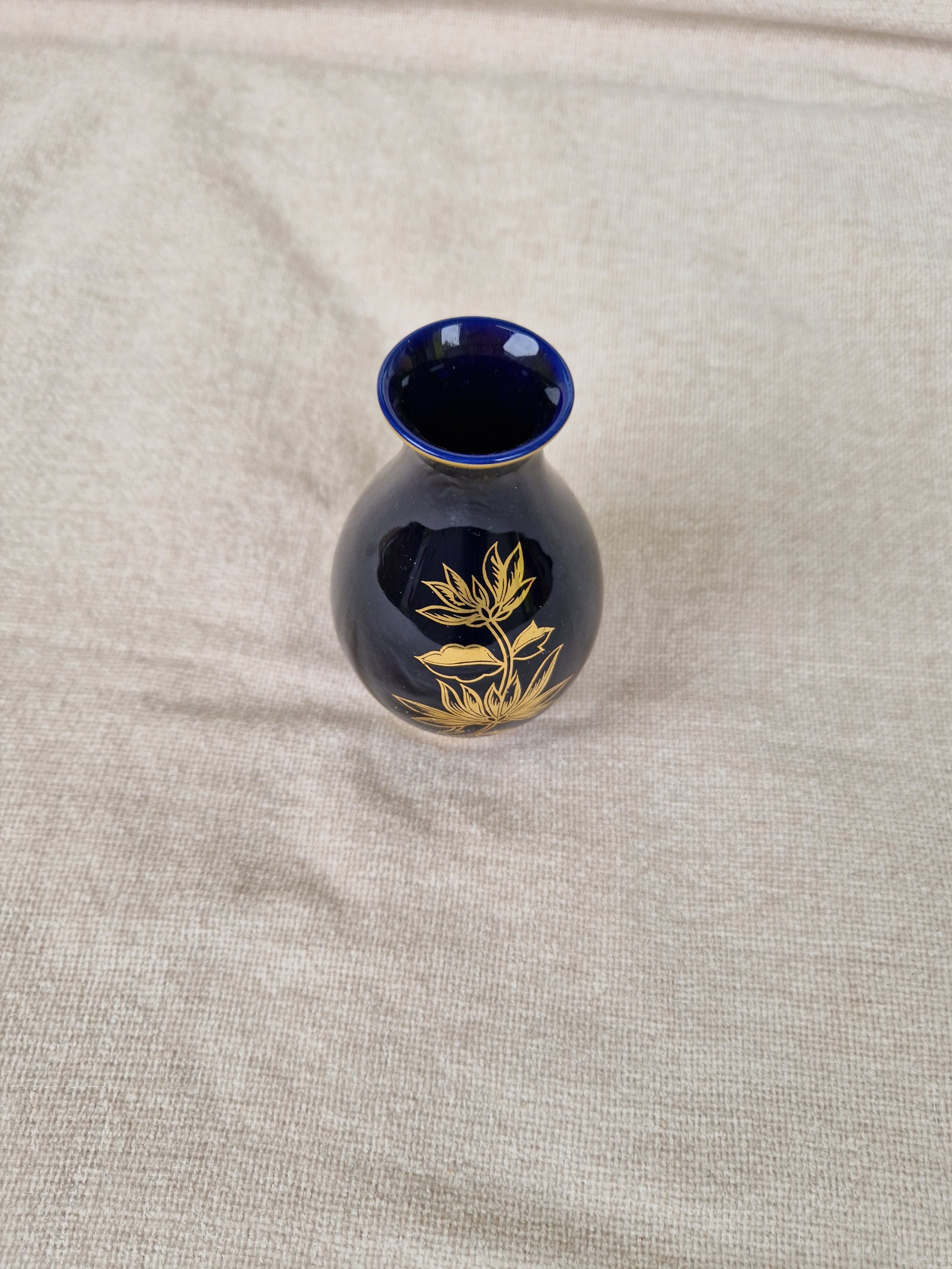 Hollóháza Hungary Cobalt Blue Porcelain Vase | Gold Lotus Decoration | Est. 1851