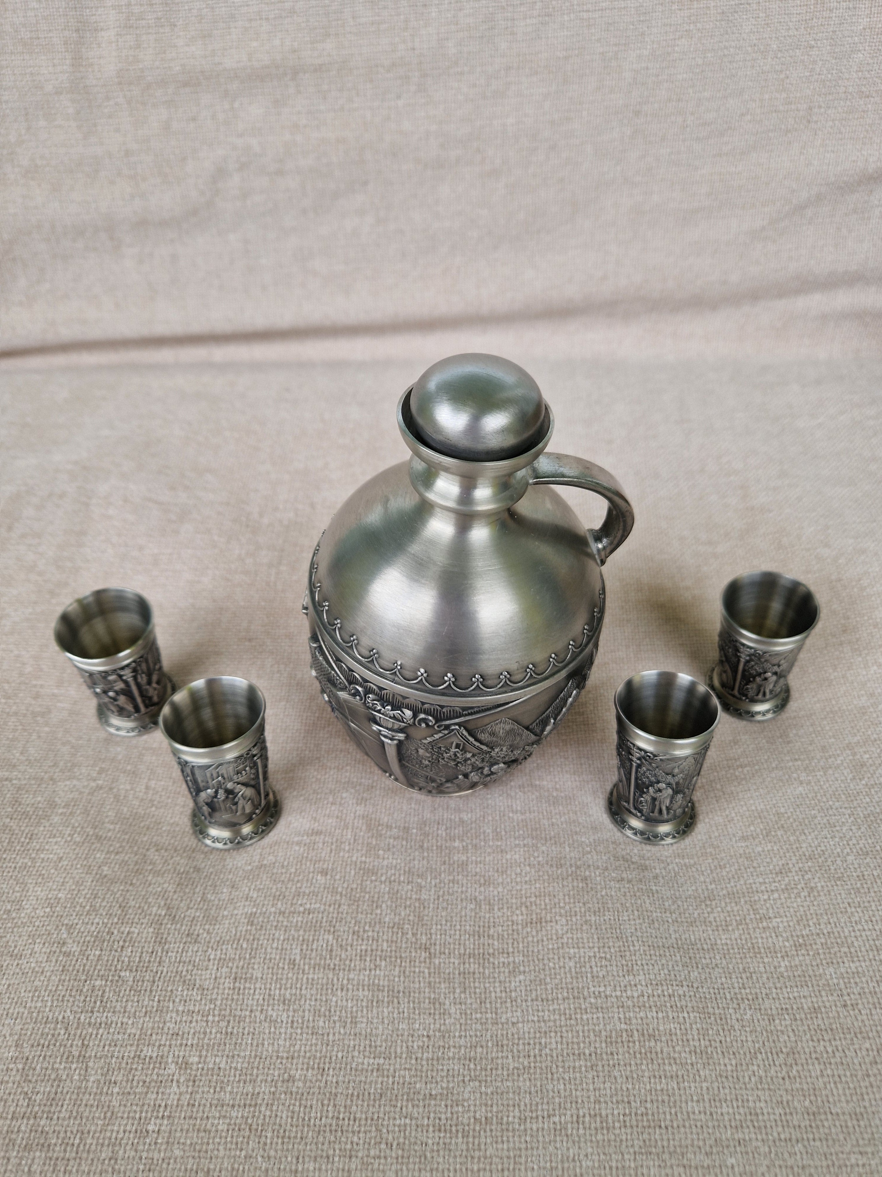 Vintage Pewter (Zinn) Schnapps Set — Jug Decanter & 4 Shot Cups | Alpine Figural Relief Decoration