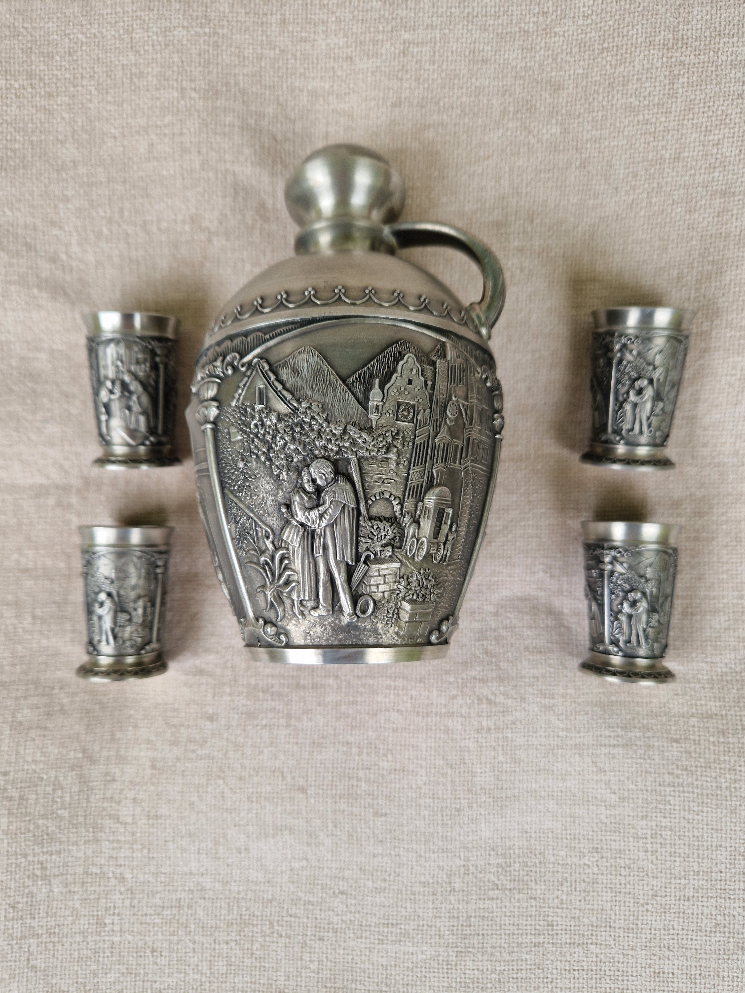 Vintage Pewter (Zinn) Schnapps Set — Jug Decanter & 4 Shot Cups | Alpine Figural Relief Decoration