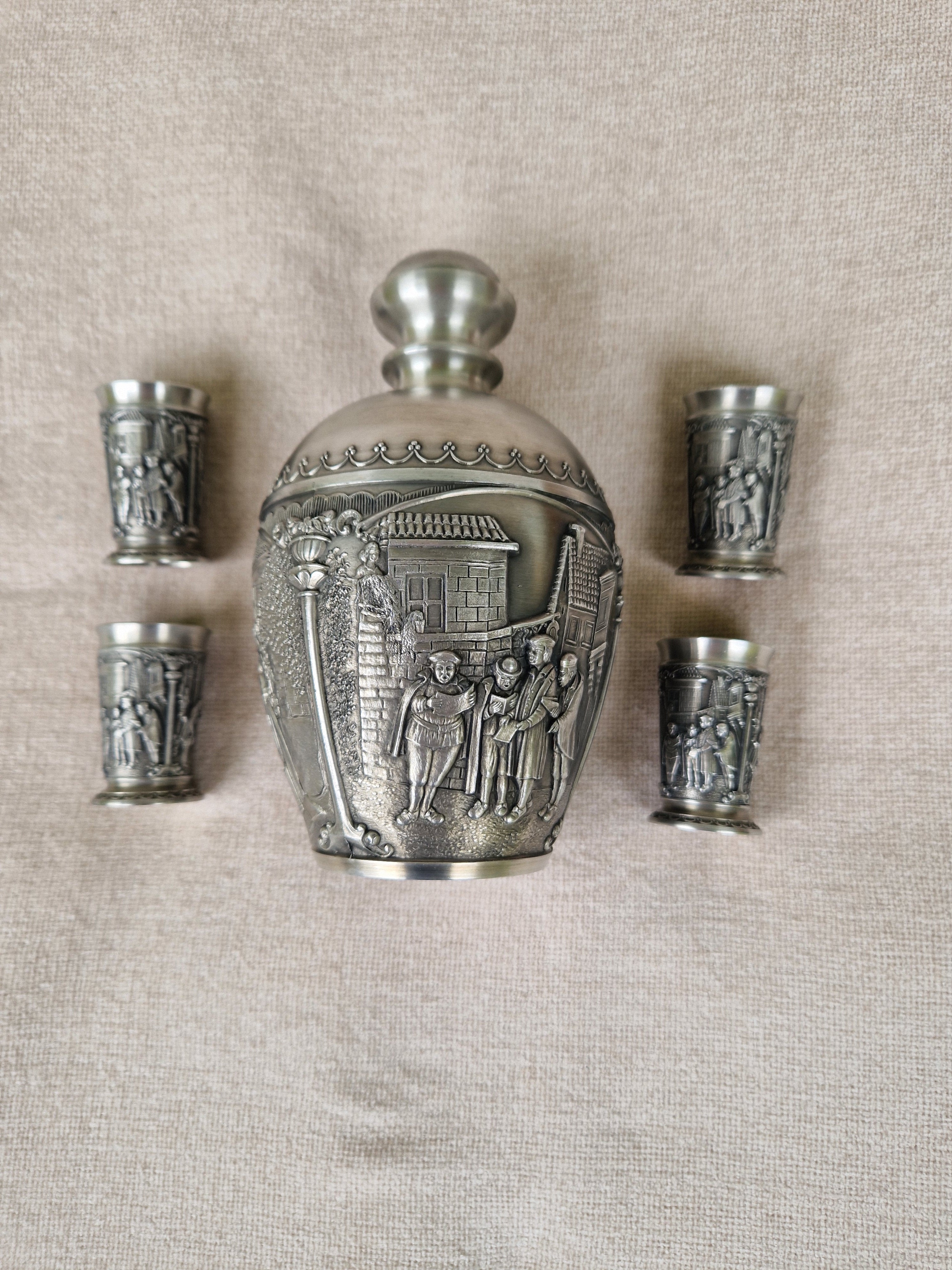 Vintage Pewter (Zinn) Schnapps Set — Jug Decanter & 4 Shot Cups | Alpine Figural Relief Decoration