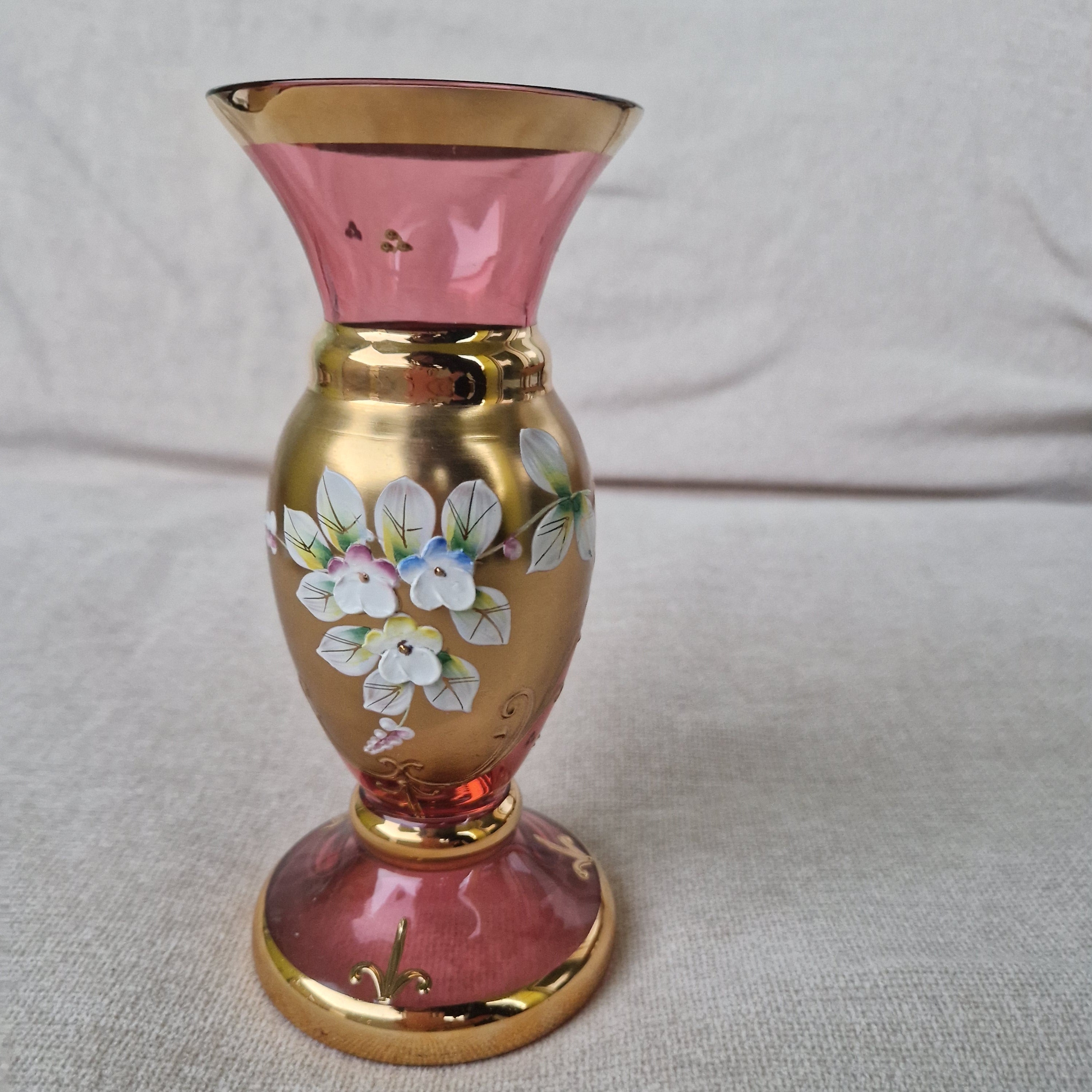 Vintage Bohemian Cranberry Glass Vase | Heavy Gold Overlay & Raised Enamel Floral Decoration | Czech Glass