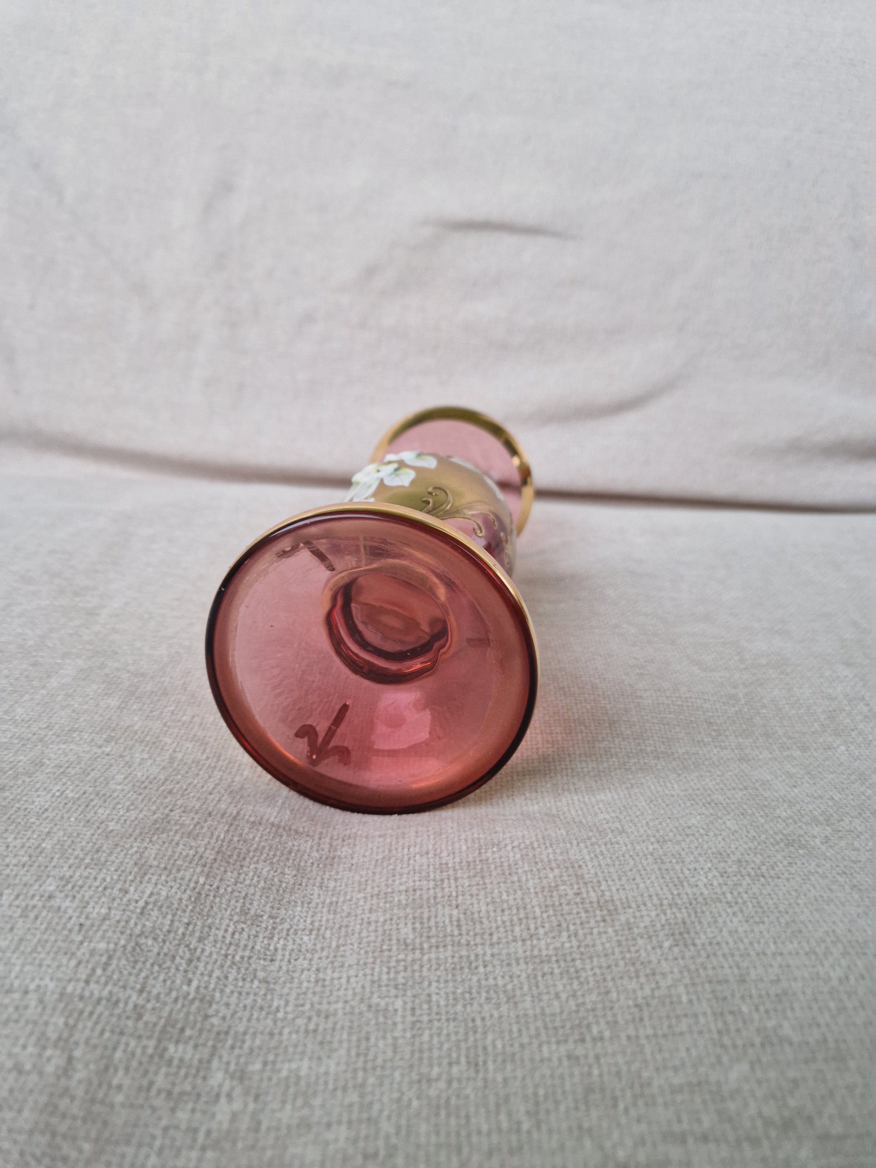 Vintage Bohemian Cranberry Glass Vase | Heavy Gold Overlay & Raised Enamel Floral Decoration | Czech Glass