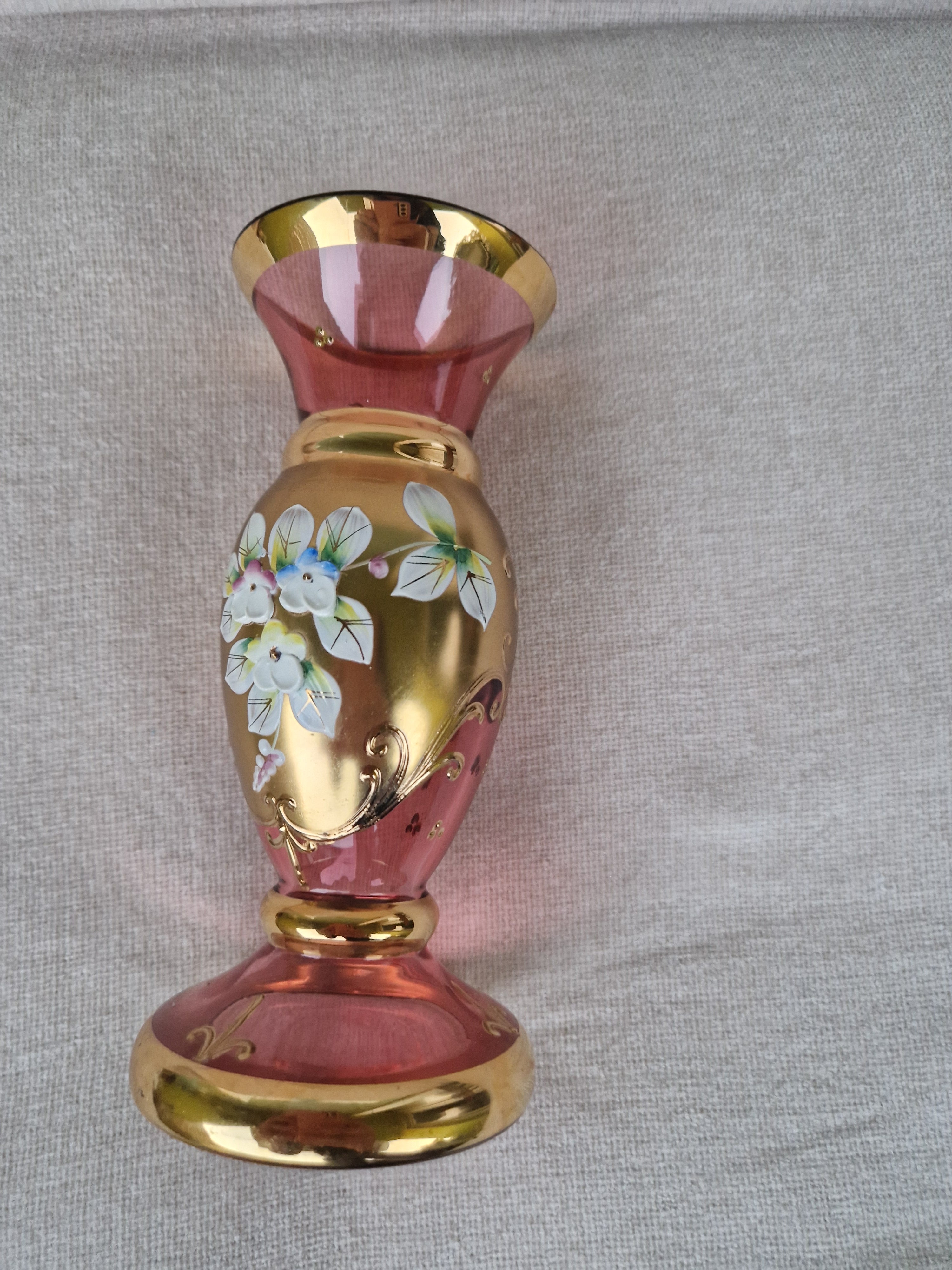 Vintage Bohemian Cranberry Glass Vase | Heavy Gold Overlay & Raised Enamel Floral Decoration | Czech Glass