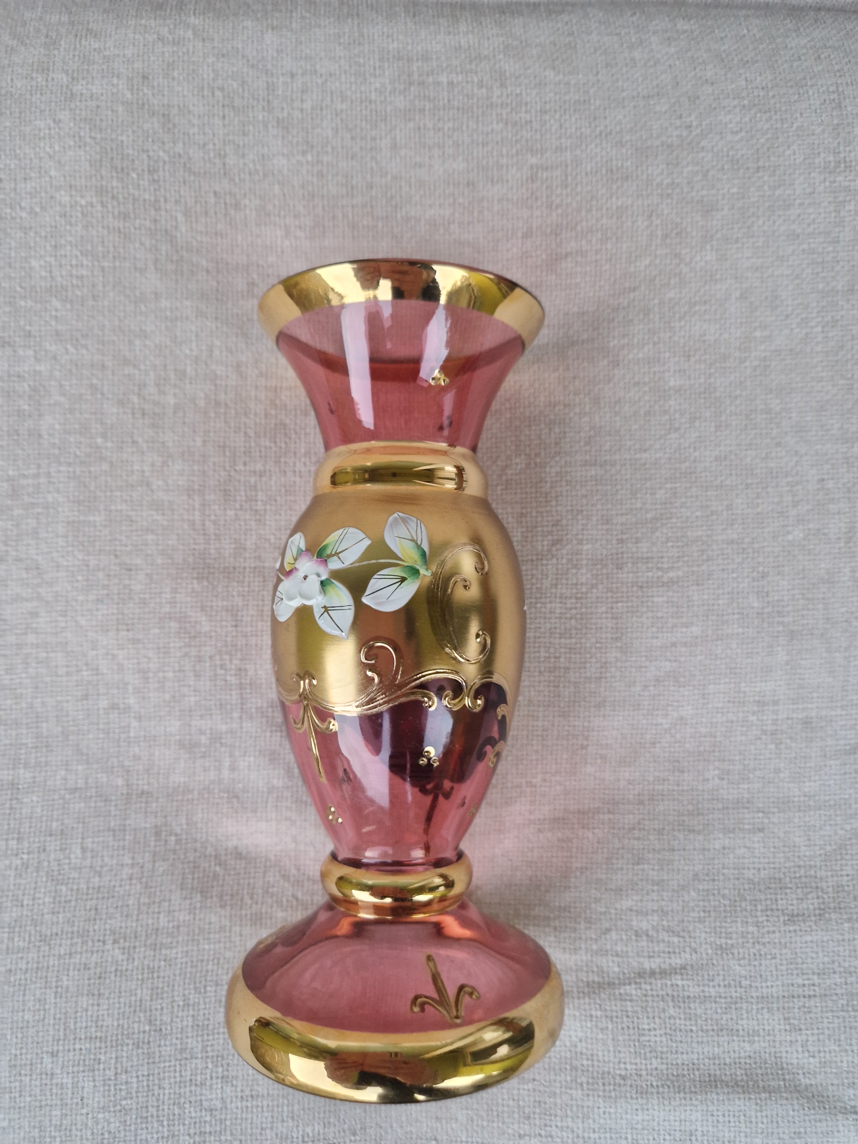 Vintage Bohemian Cranberry Glass Vase | Heavy Gold Overlay & Raised Enamel Floral Decoration | Czech Glass