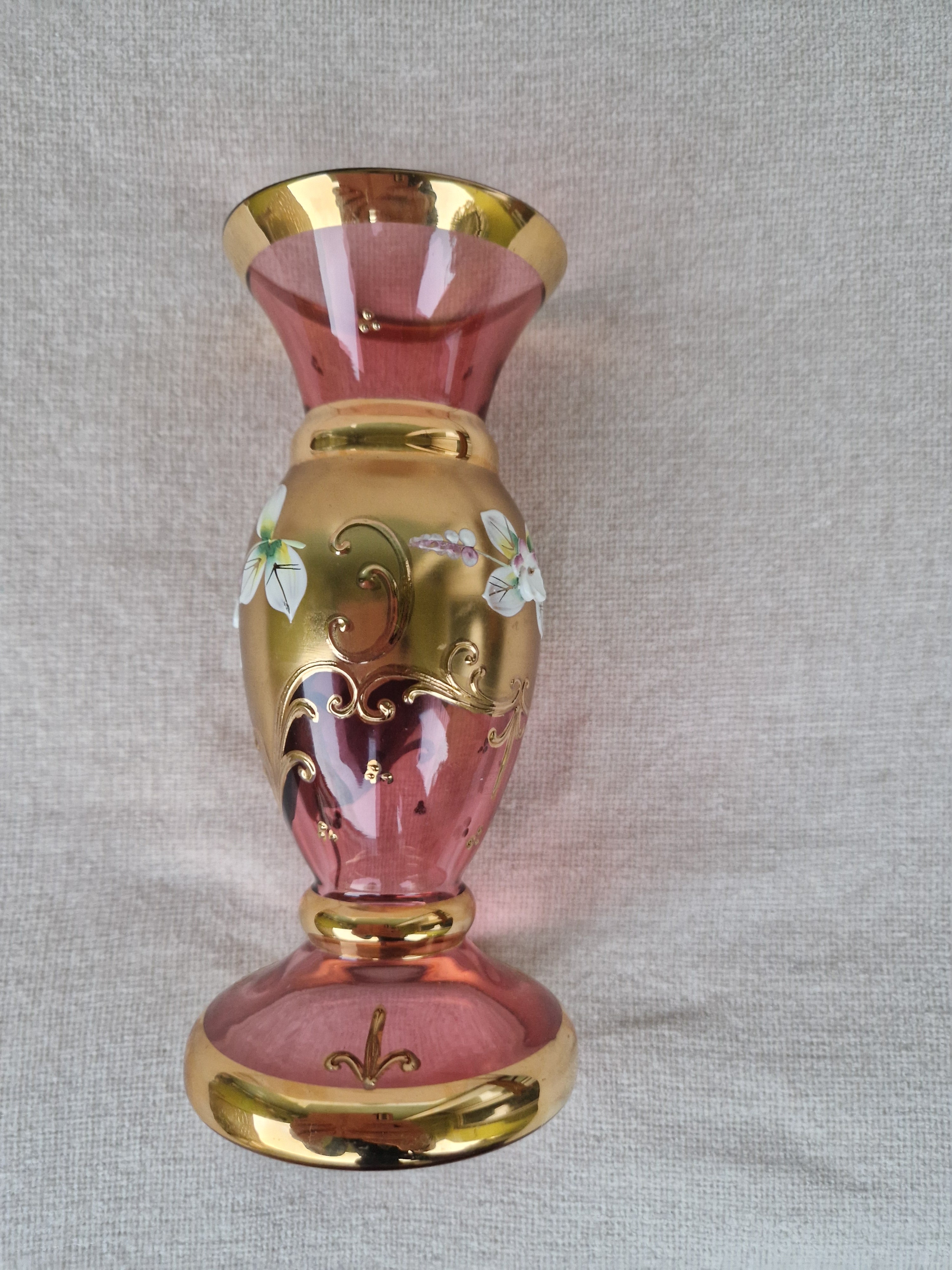 Vintage Bohemian Cranberry Glass Vase | Heavy Gold Overlay & Raised Enamel Floral Decoration | Czech Glass