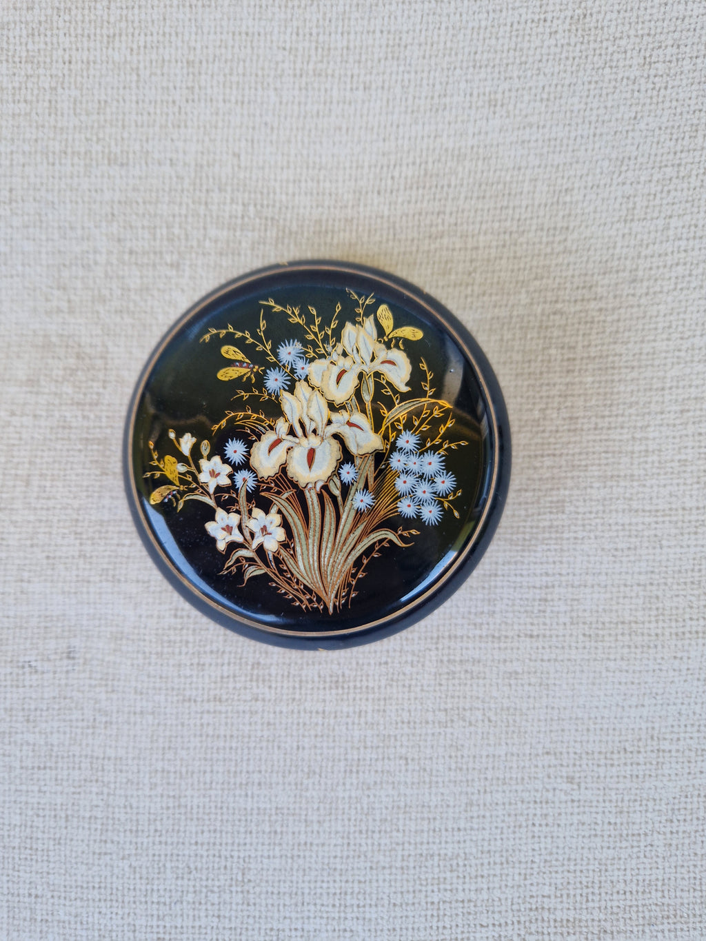Boîte à bibelots vintage en verre bleu cobalt grec | Bouquet d'iris peint à la main | Or 24 carats | Fabriqué en Grèce