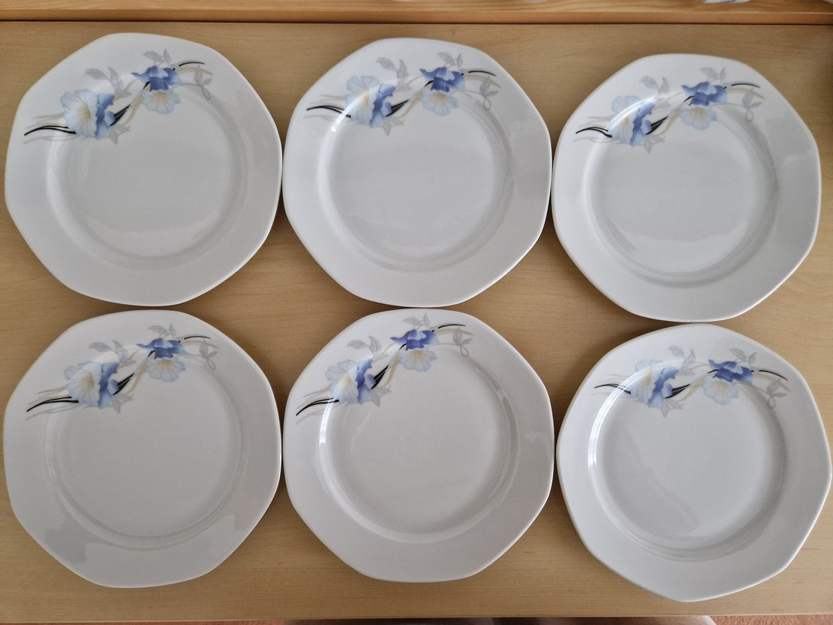 Set of six vintage white porcelain plates with blue floral patterns on a wooden surface.