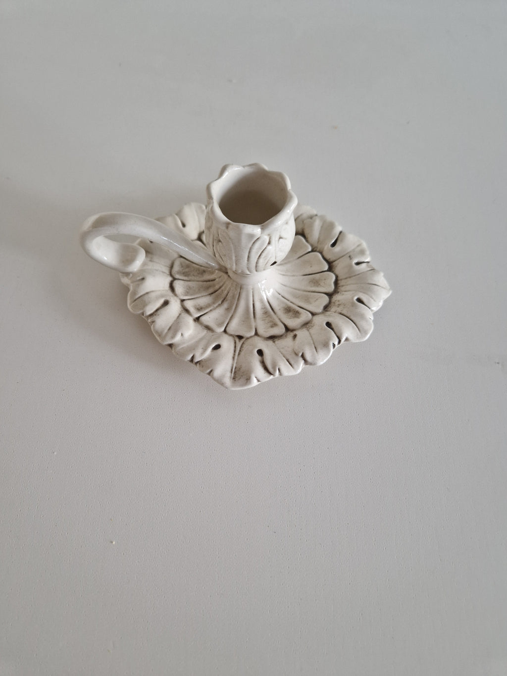 Vintage White Ceramic Chamberstick – Acanthus Leaf Relief, Rococo Style