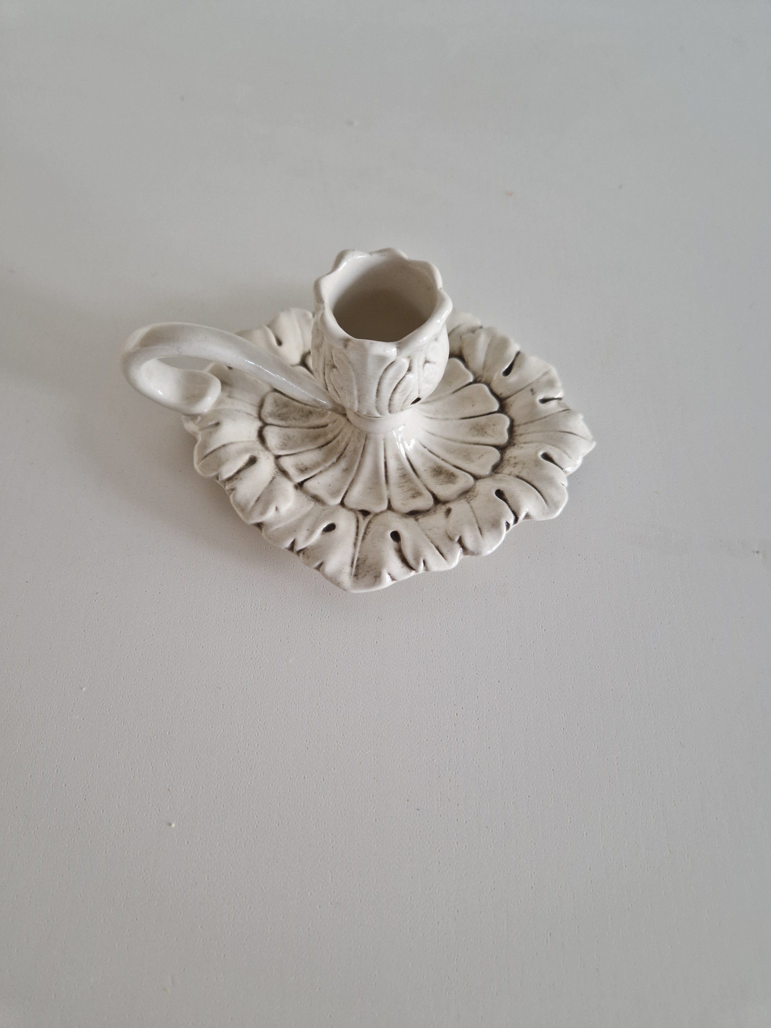 Vintage White Ceramic Chamberstick – Acanthus Leaf Relief, Rococo Style