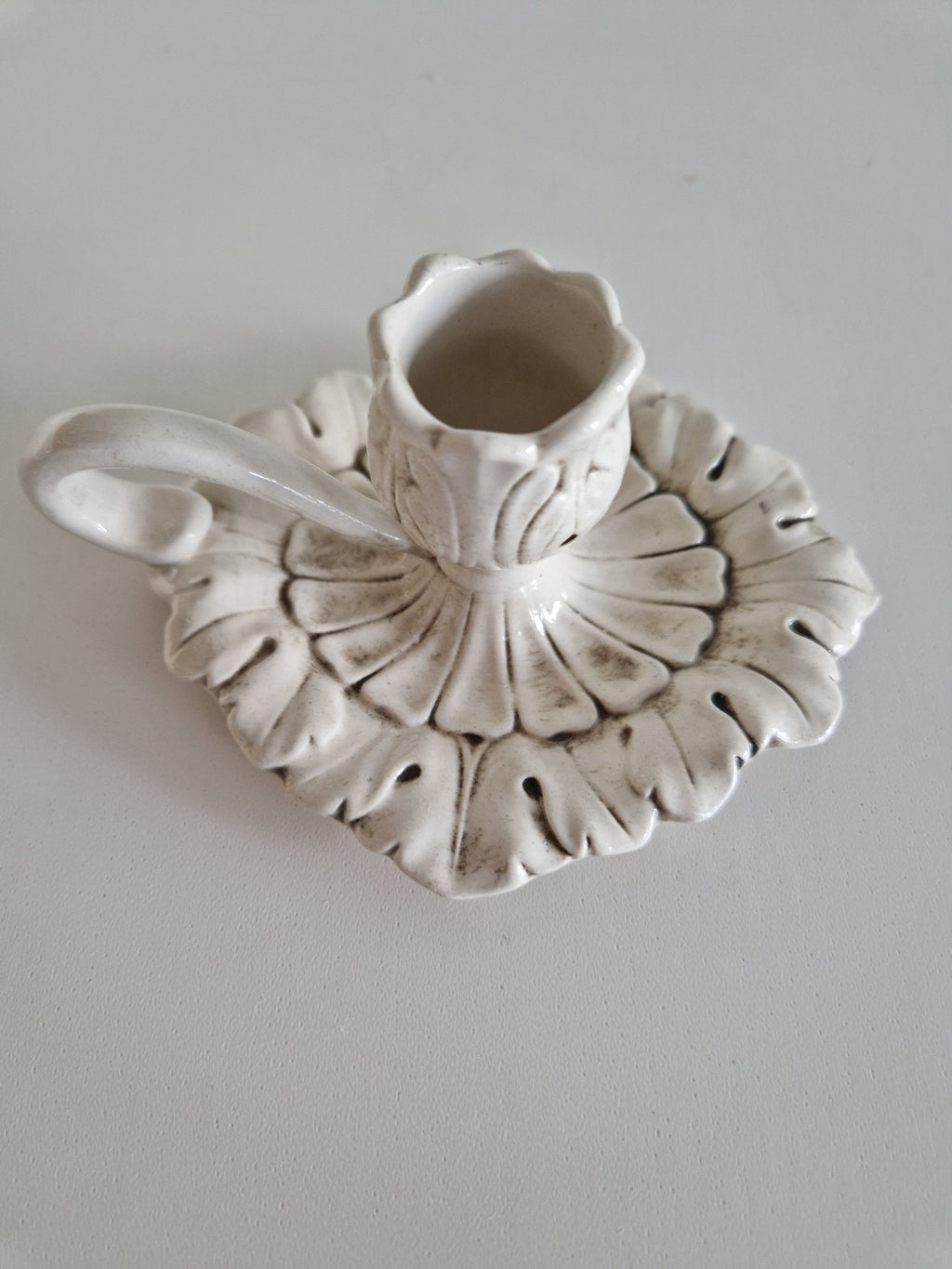 Vintage White Ceramic Chamberstick – Acanthus Leaf Relief, Rococo Style