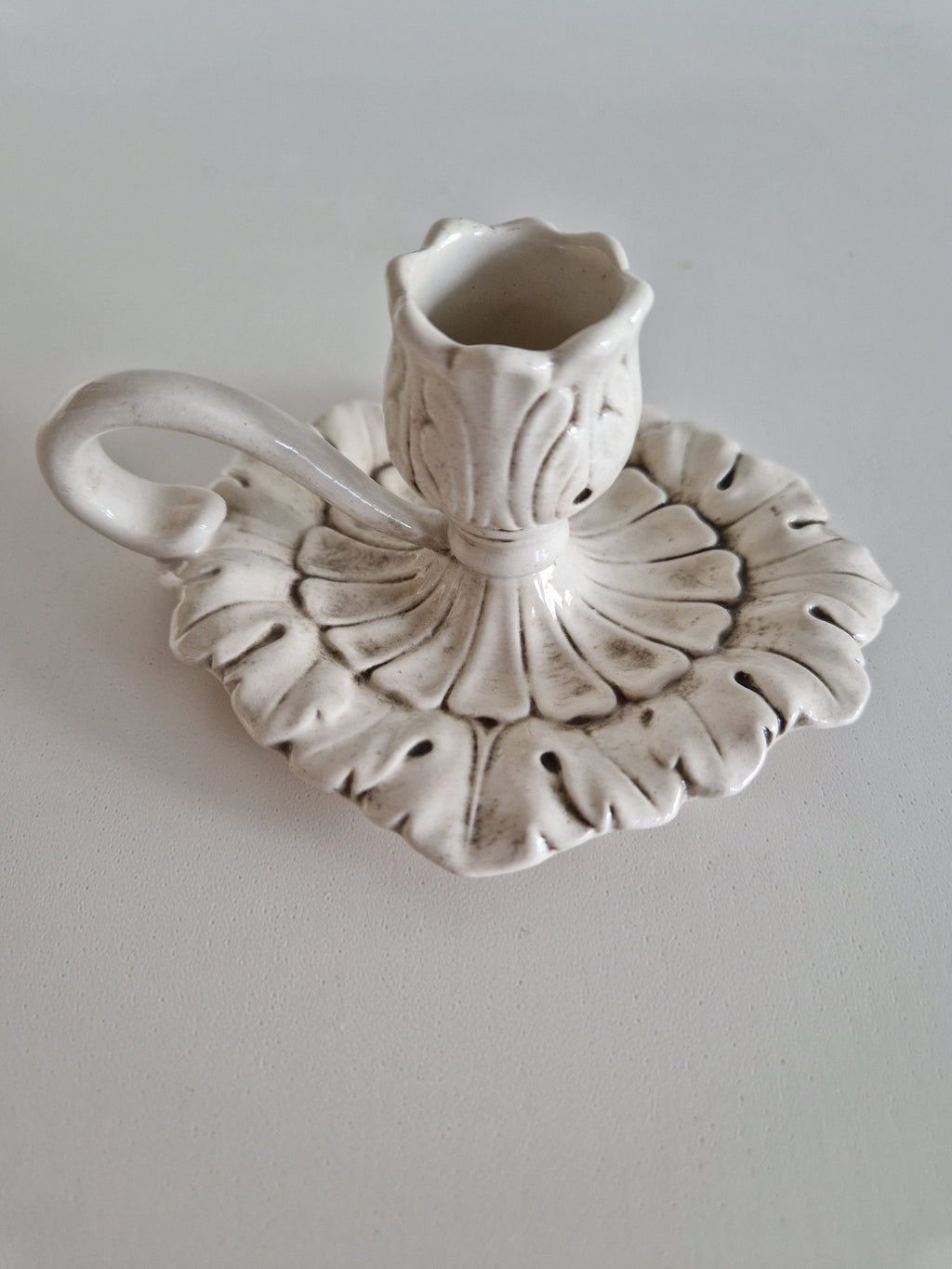 Vintage White Ceramic Chamberstick – Acanthus Leaf Relief, Rococo Style