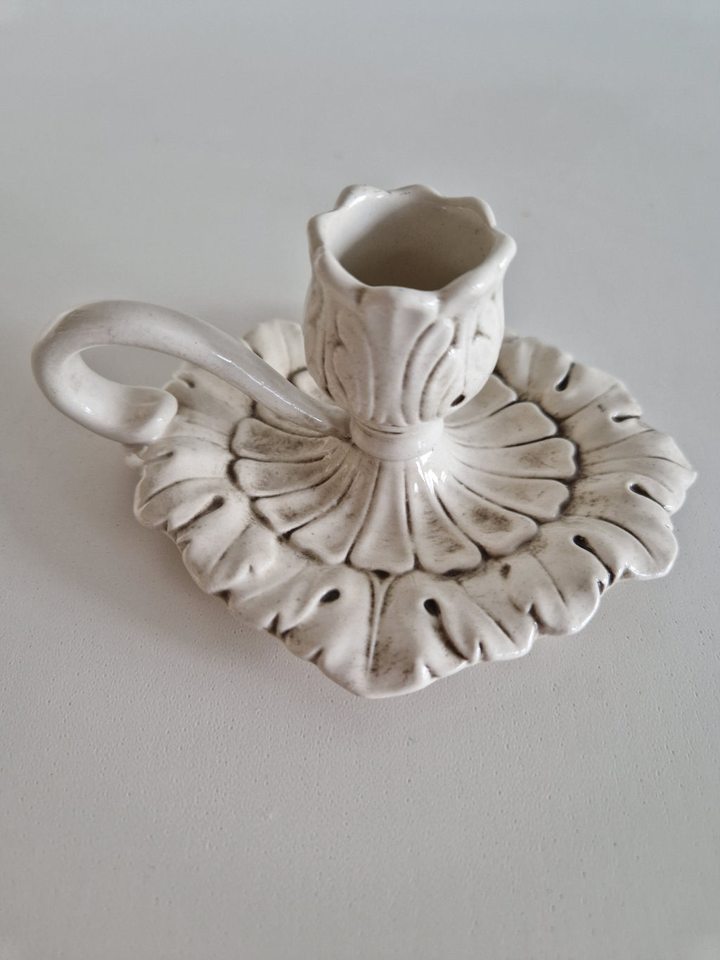 Vintage White Ceramic Chamberstick – Acanthus Leaf Relief, Rococo Style