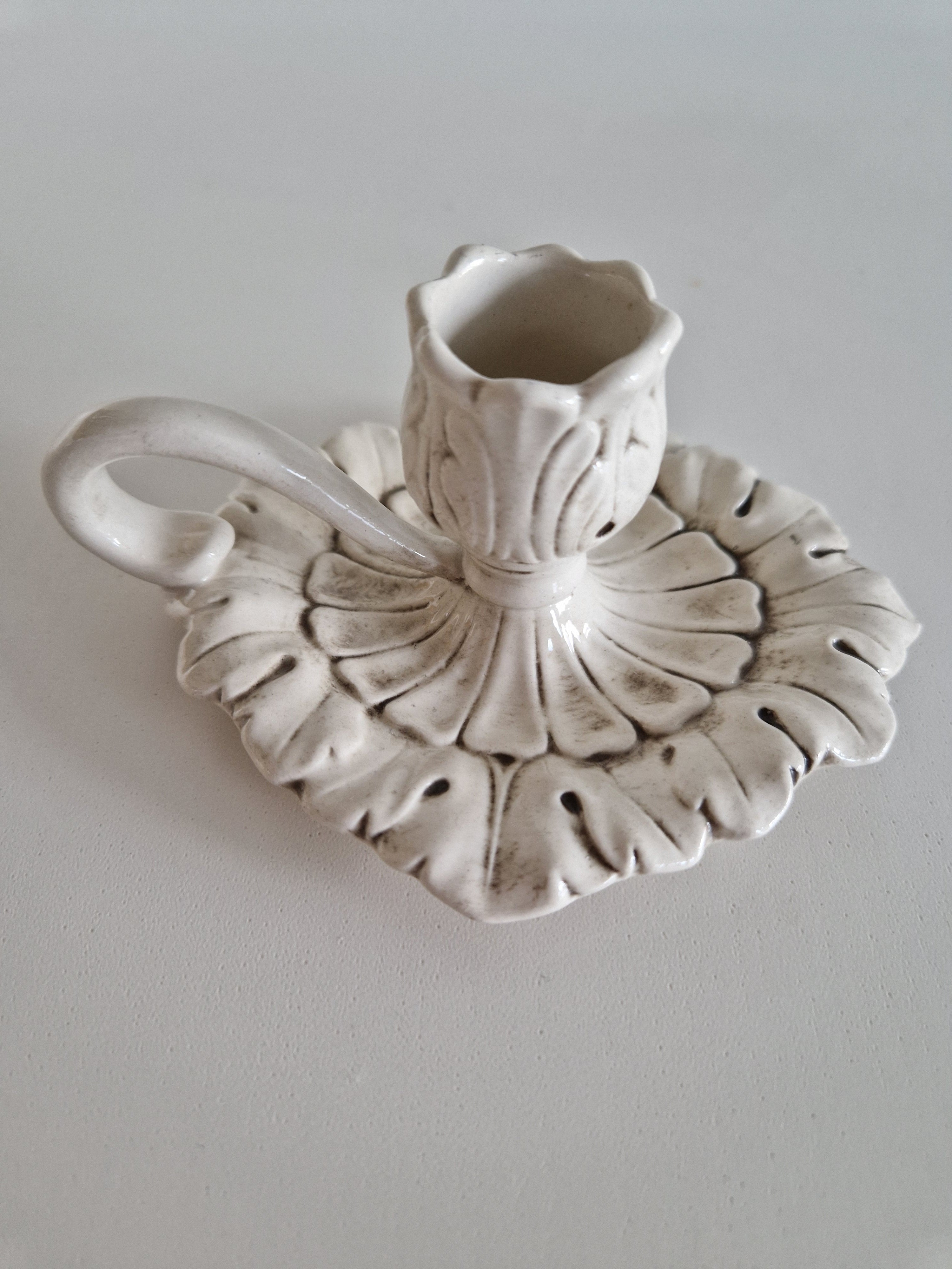 Vintage White Ceramic Chamberstick – Acanthus Leaf Relief, Rococo Style
