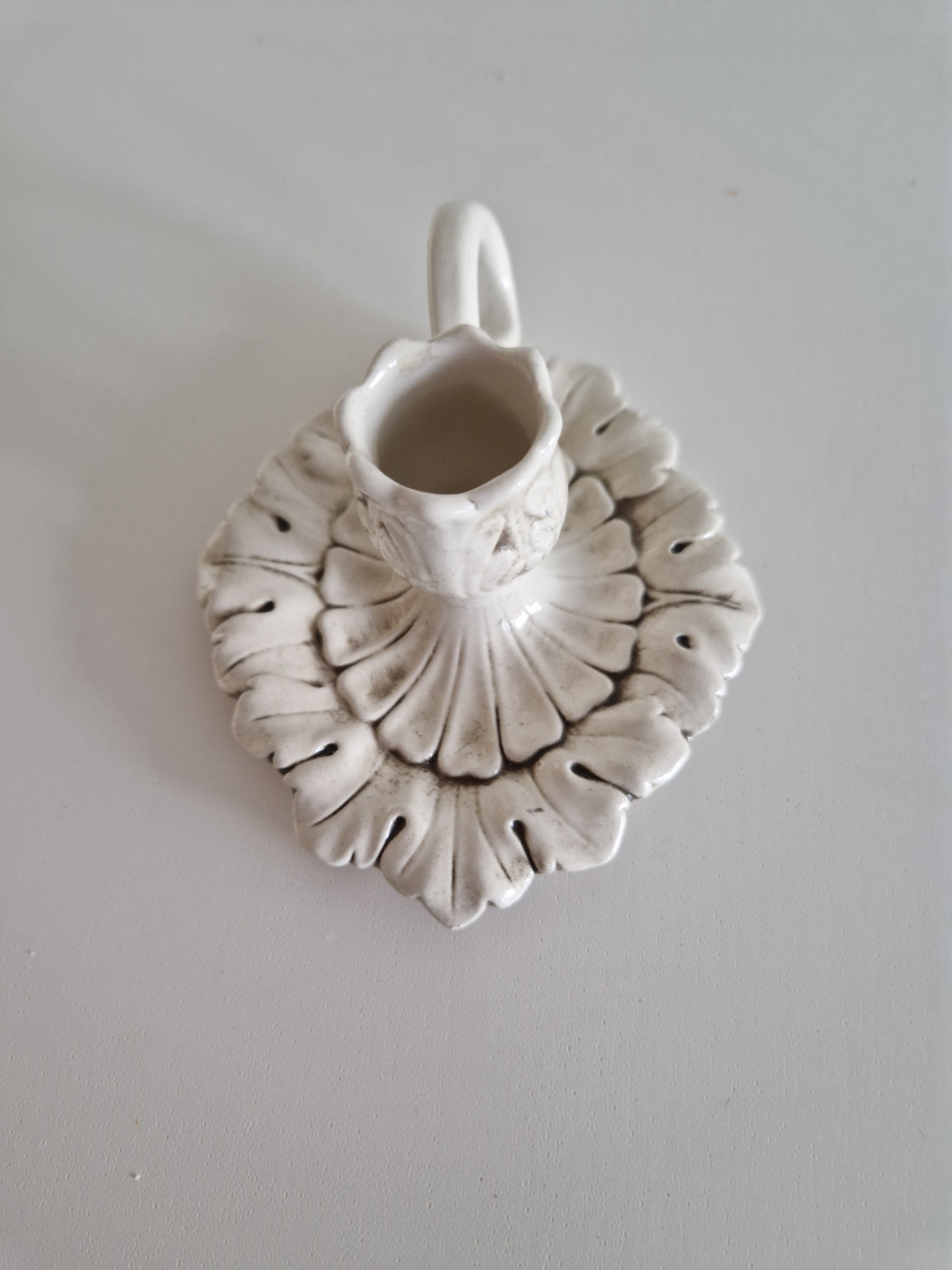 Vintage White Ceramic Chamberstick – Acanthus Leaf Relief, Rococo Style
